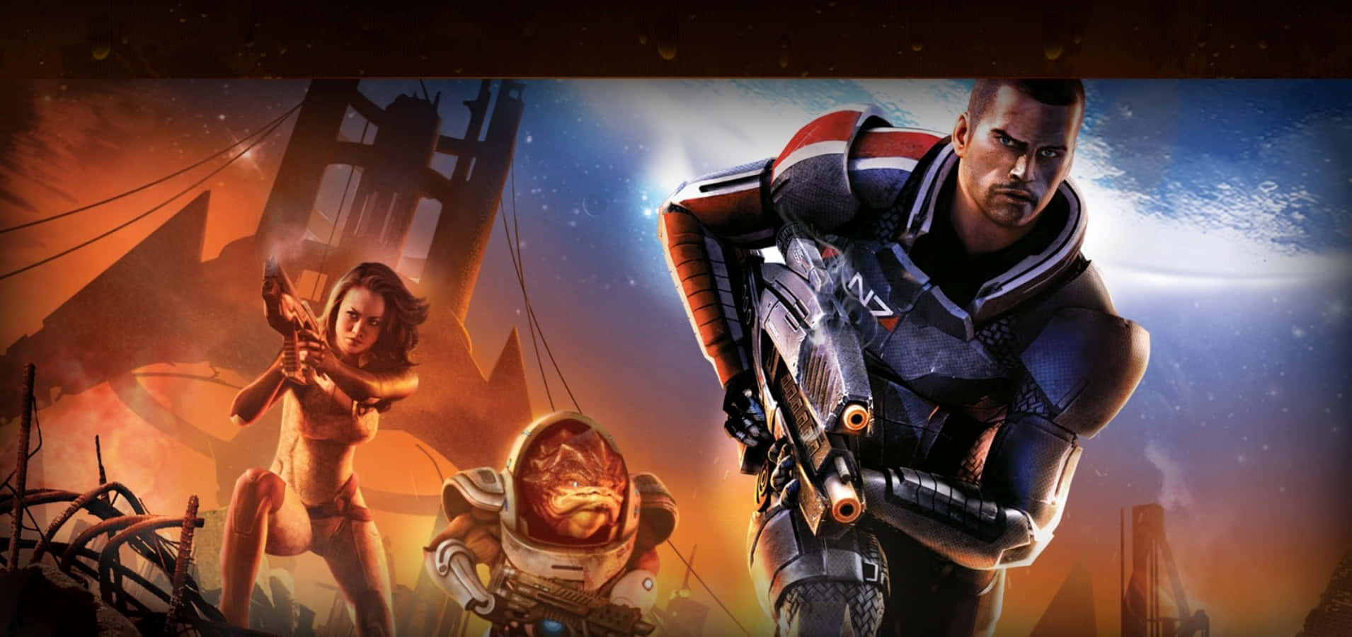 Mass Effect Characters 桌布 壁紙 — 三名身穿裝甲的太空戰士在星空下，於烈焰中的外星遺跡內準備就緒。
