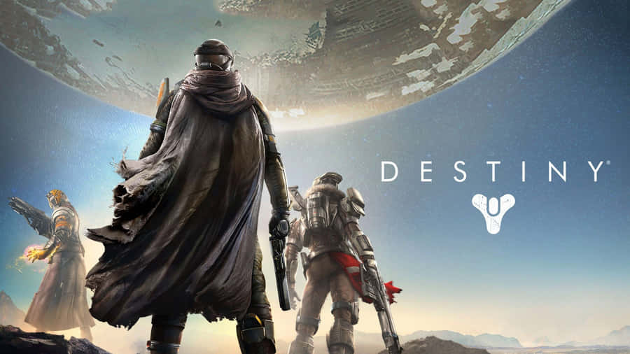All Games 桌布 壁紙 — 三名身穿裝甲的太空戰士站在一個岩石外星行星上，下方是一個巨大的環狀行星，科幻遊戲場景。