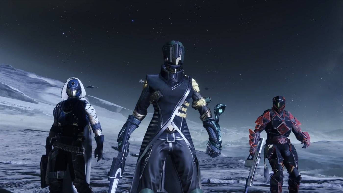 destiny 2 shadowkeep 桌布 壁紙 — 三名身穿裝甲的太空戰士站在一個白雪覆蓋的外星行星上，夜空繁星點點。