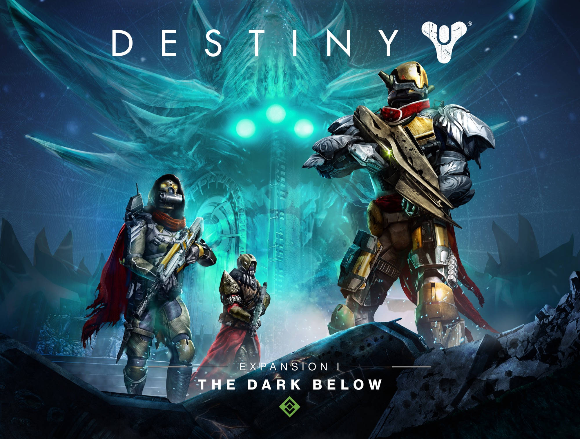 destiny 4K 桌布 壁紙 — 三名身穿裝甲的太空戰士站在黑暗科幻景觀中發光的外星巨石前。