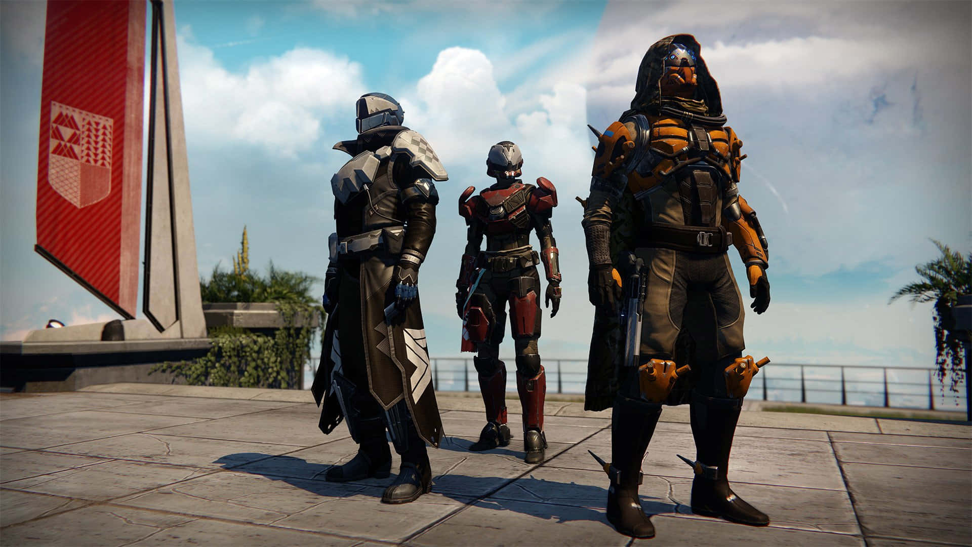 Destiny Characters 桌布 壁紙 — 三名身穿裝甲的太空海軍陸戰隊員站在陽光普照的廣場上，旁邊有一面紅色旗幟和欄杆，俯瞰水面。
