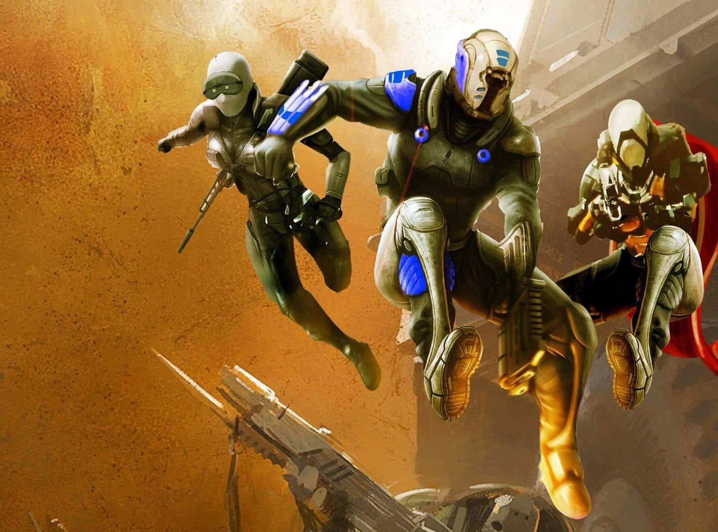 Destiny Characters 桌布 壁紙 — 三名身穿裝甲的未來士兵，手持武器，動態地跳過一個佈滿灰塵的橙色戰場。