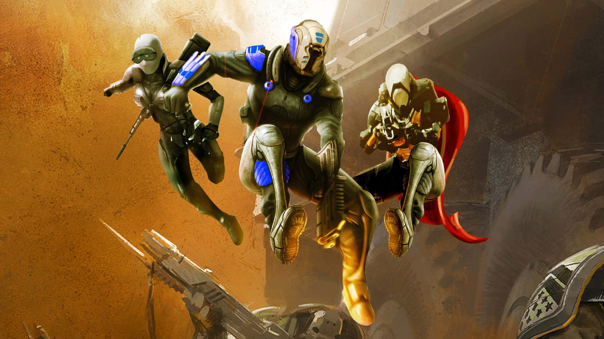 Destiny Characters 桌布 壁紙 — 三名身穿裝甲的未來戰士，在佈滿灰塵的工業戰場上動態跳躍，帶有發光的藍色點綴。