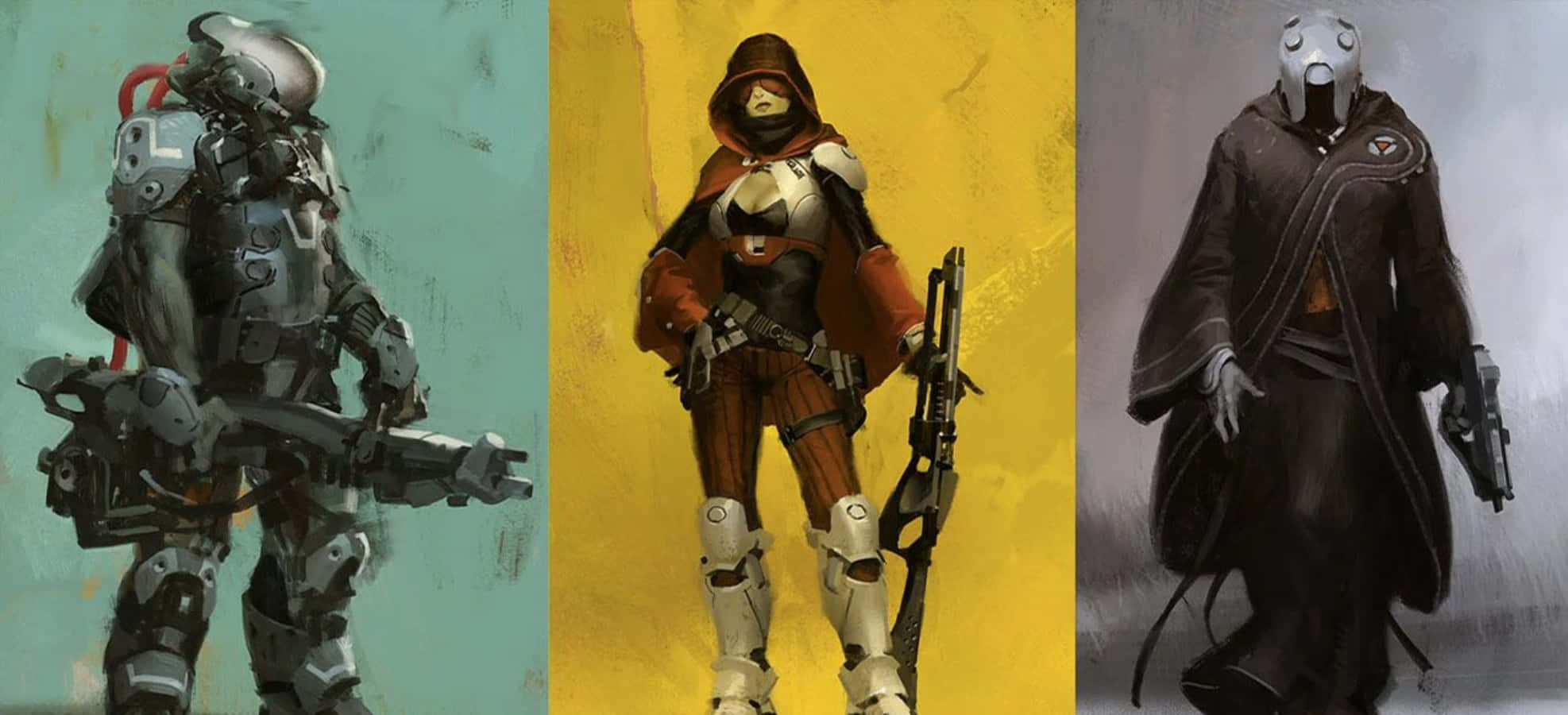 Destiny Characters 桌布 壁紙 — 三名身穿裝甲的未來戰士以三聯畫風格站立，每人擁有獨特的裝備和武器，背景為彩色。