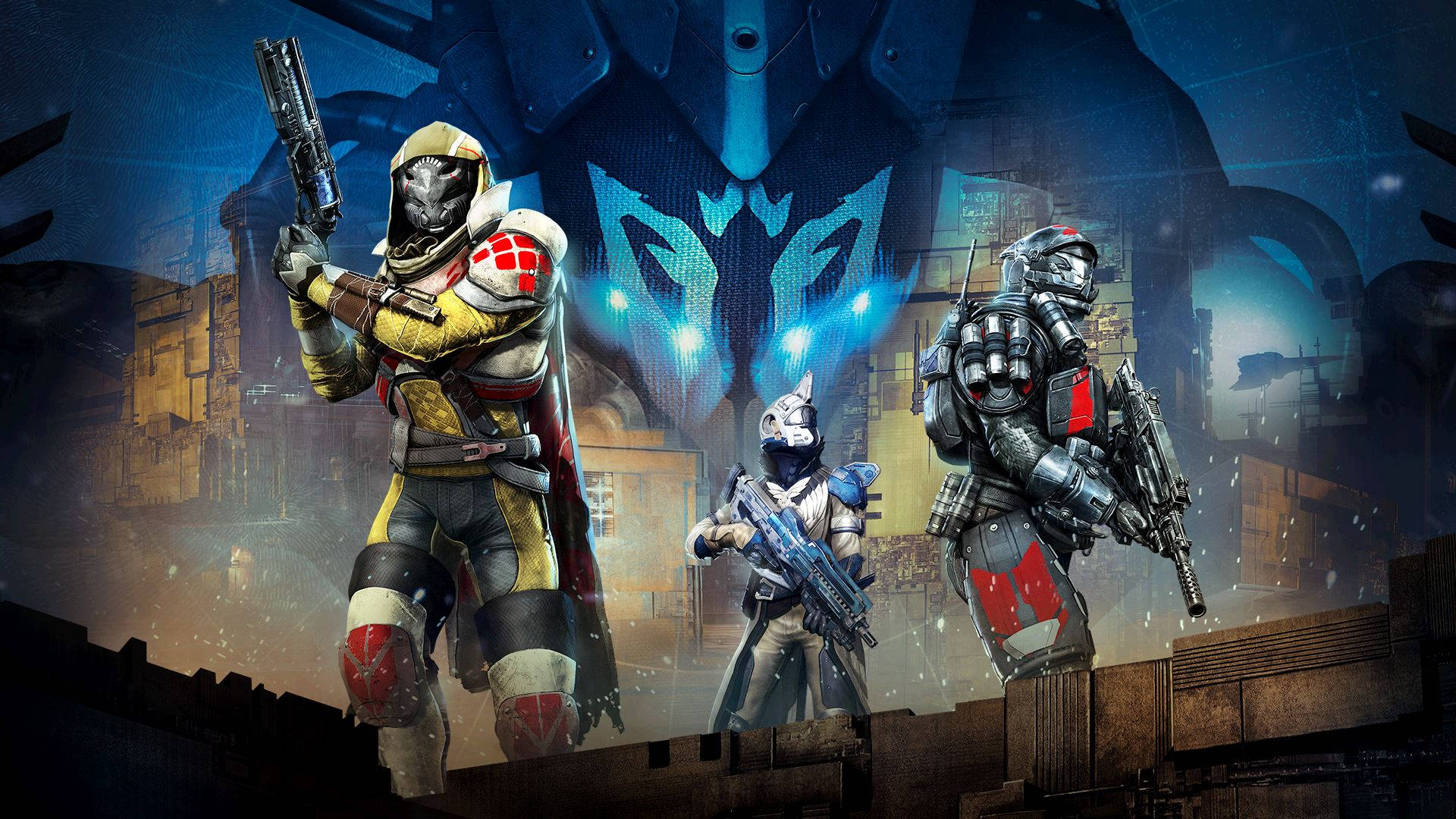 destiny 4K 桌布 壁紙 — 三名身穿裝甲的未來戰士在發光藍色符號下的霓虹燈 dystopian 城市景觀中手持武器準備就緒。