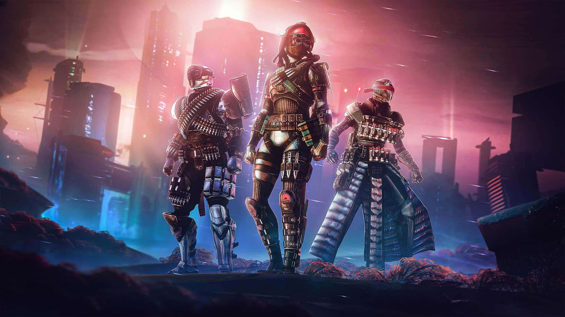 Best Destiny 2 桌布 壁紙 — 三名身穿裝甲的未來戰士站在廢墟城市景觀中，天空閃耀著粉紅和藍色光芒。