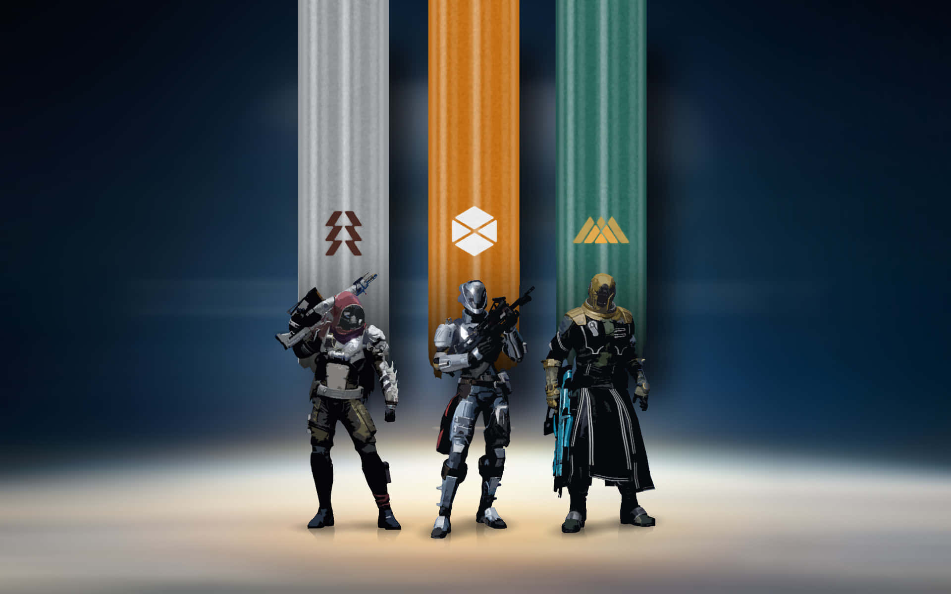 Best Destiny 2 桌布 壁紙 — 三名身穿裝甲的未來戰士站在發光的垂直柱子前，柱子上有獨特的符號，位於簡約風格的科幻房間內。
