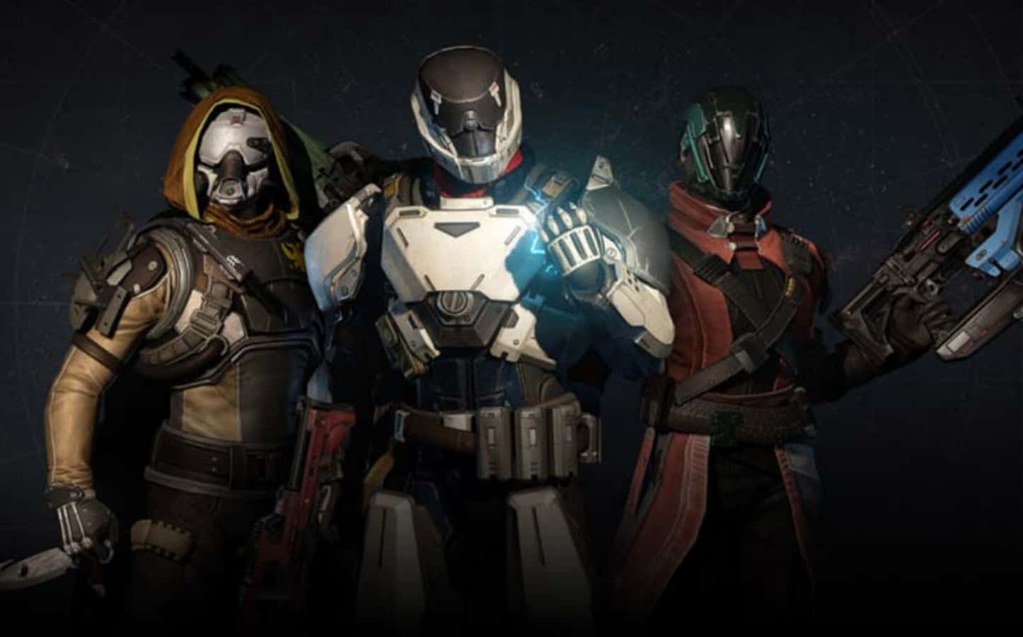 Destiny Characters 桌布 壁紙 — 三名身穿裝甲的未來戰士站在黑暗的星空虛空中，每人手持先進武器和發光科技。