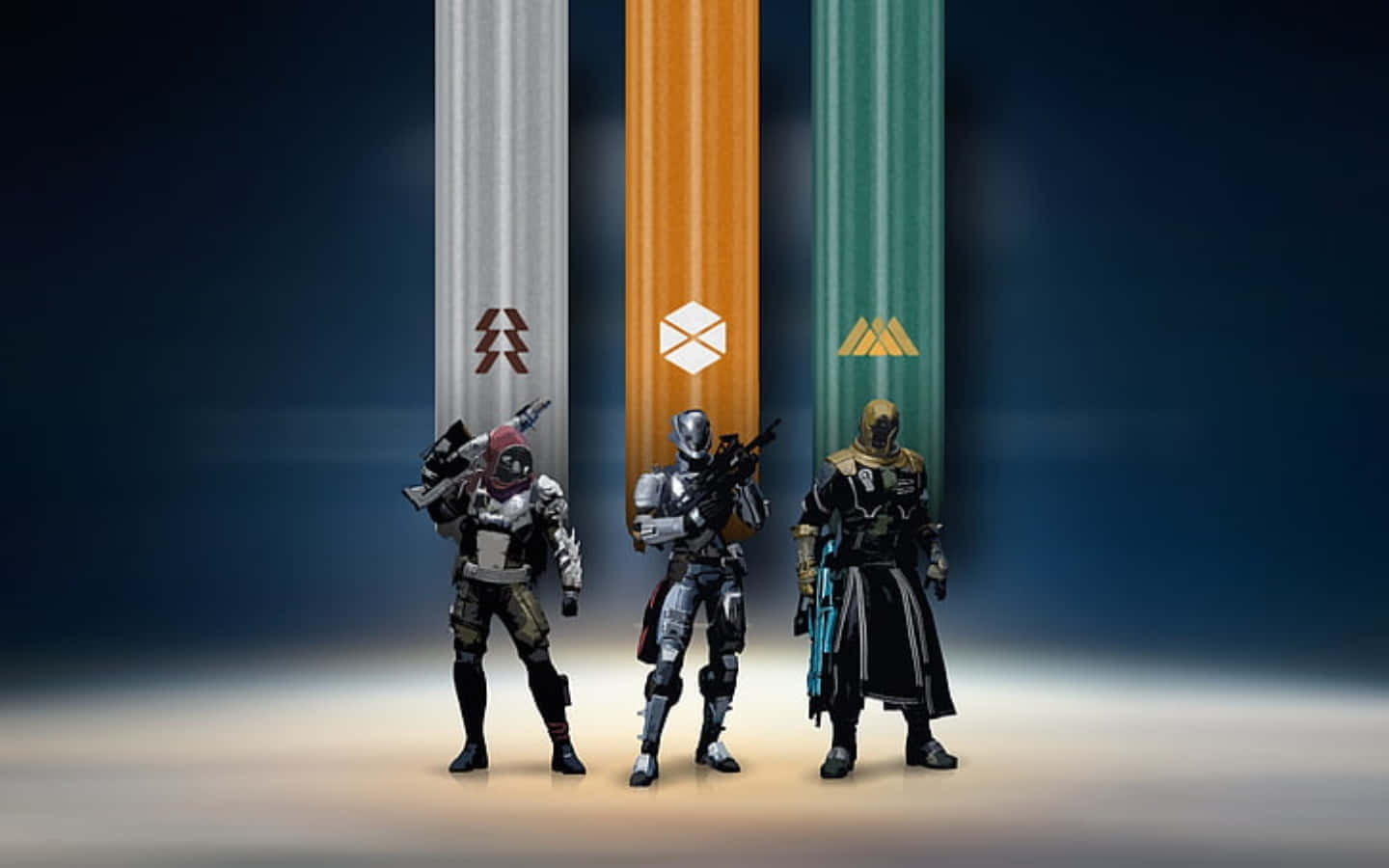 Destiny Characters 桌布 壁紙 — 三名身穿裝甲的未來戰士站在黑暗的攝影棚中，面前是帶有獨特符號的發光垂直柱子。