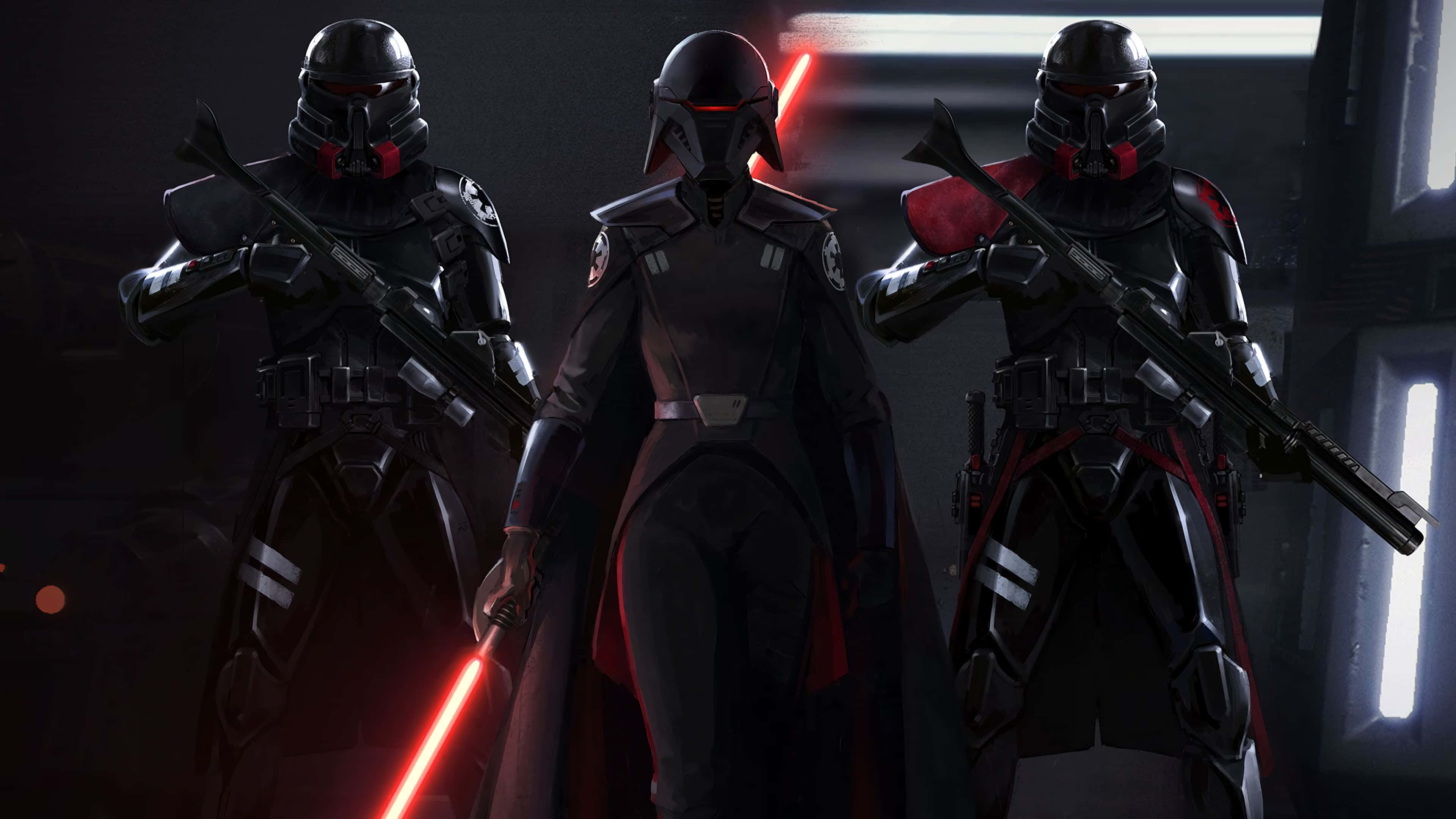 Star Wars Jedi 桌布 壁紙 — 三名身穿裝甲的西斯士兵手持紅色光劍，站在一個黑暗、未來感十足且閃爍著霓虹燈的走廊中。