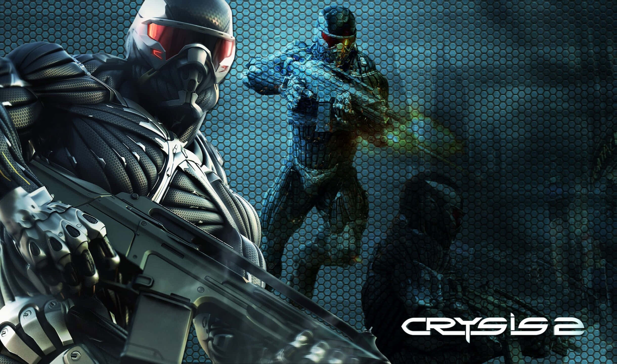 2440x1440 Crysis 3 桌布 壁紙 — 三名身穿裝甲裝備、帶有發光紅色護目鏡的未來士兵，在六邊形網格背景前準備就緒。