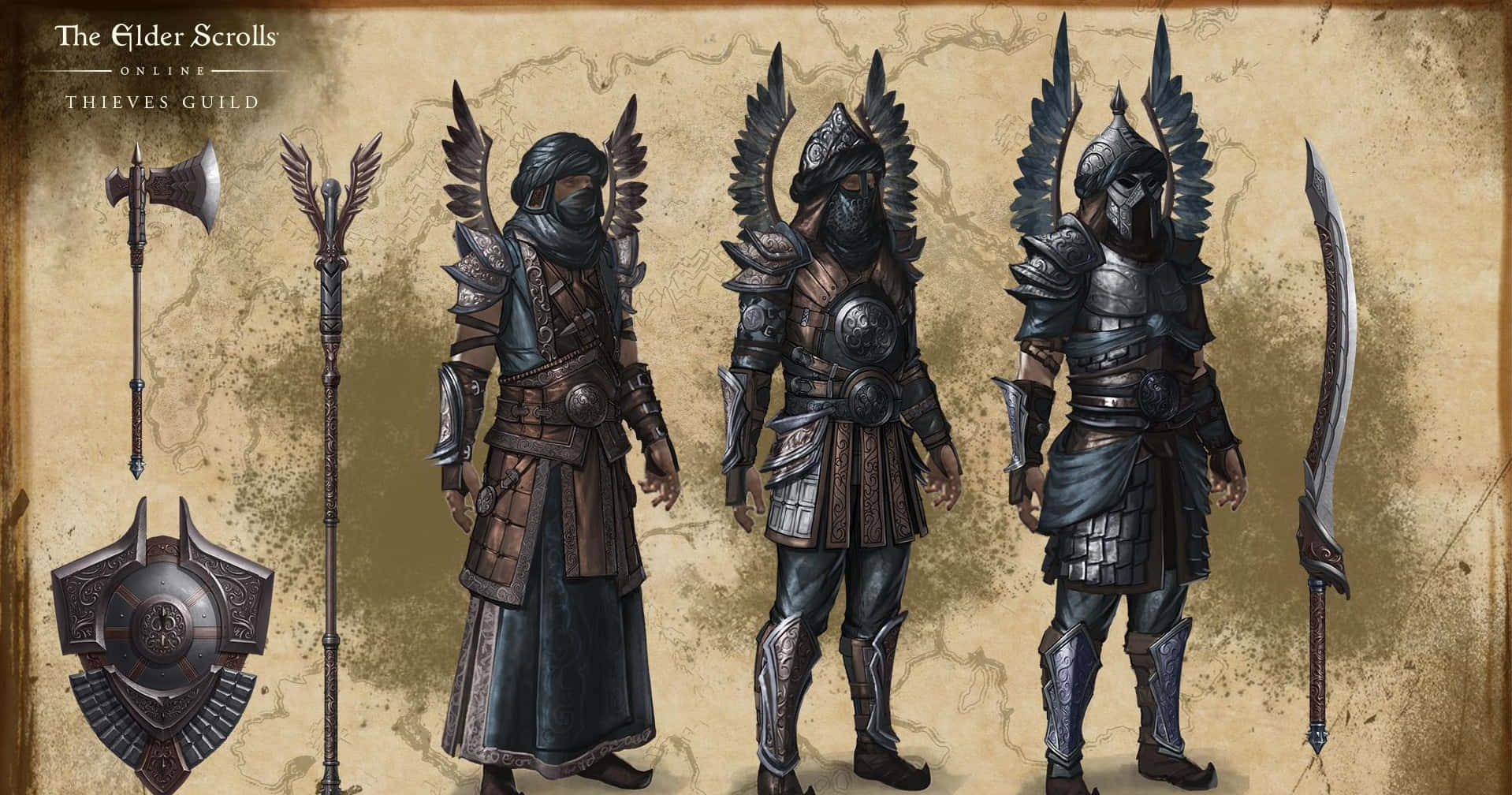 Thieves Guild 桌布 壁紙 — 三名身穿詳細奇幻裝備的裝甲盜賊公會成員，站在展示武器的羊皮紙地圖背景前。