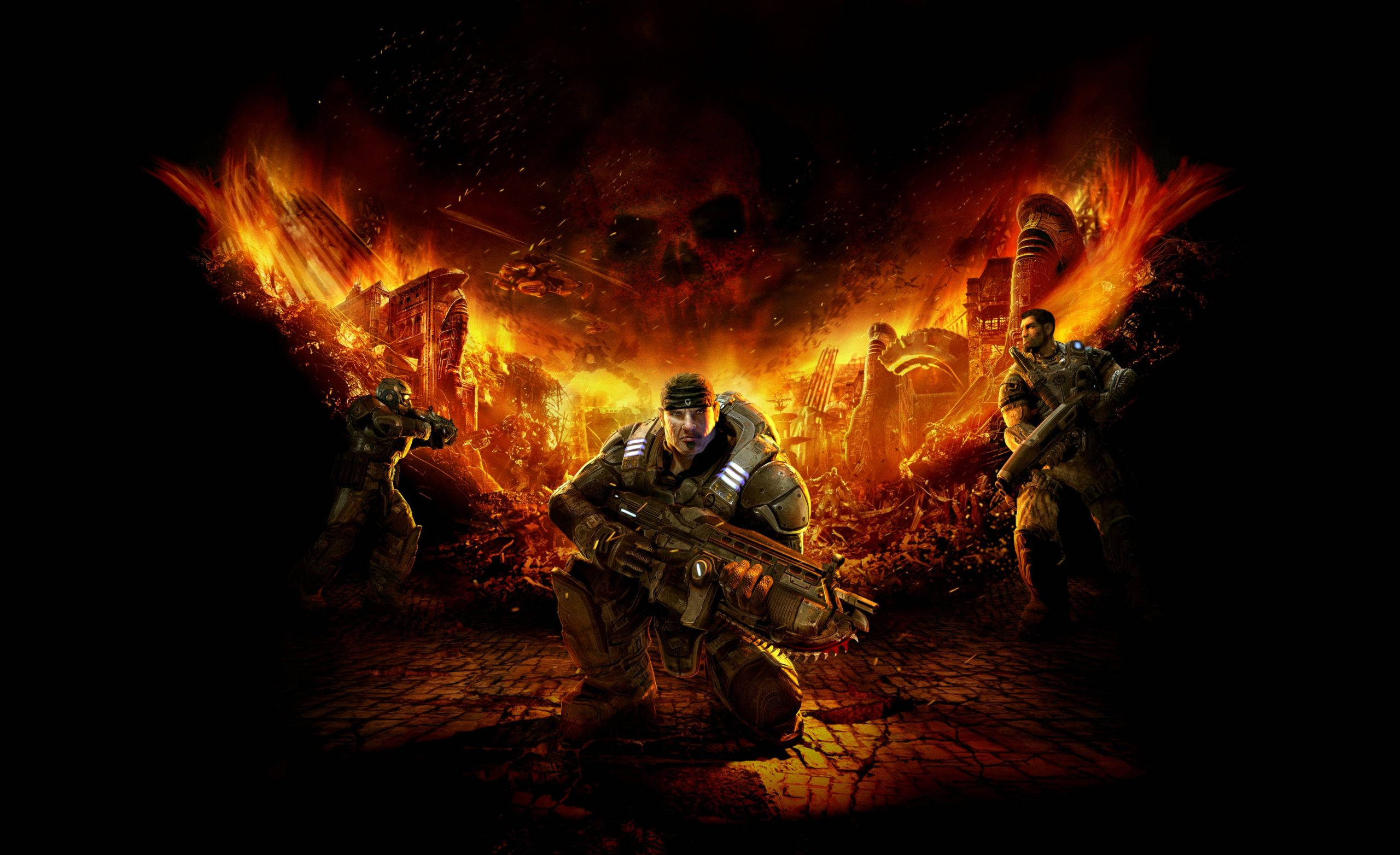 games 桌布 壁紙 — 三名身穿重甲的士兵站在燃燒的廢墟中，頭頂是骷髏形狀的爆炸。