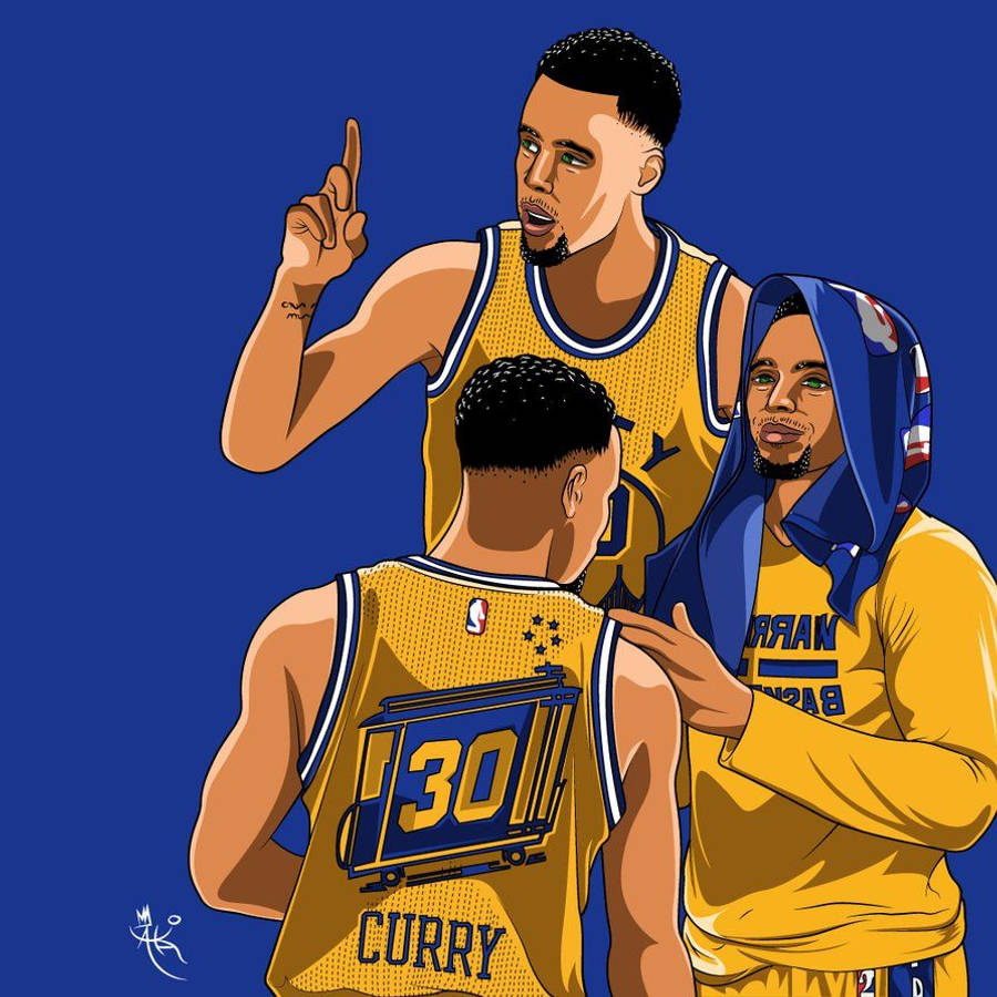 Curry 桌布 壁紙 — 三名身穿金州勇士隊裝備的插畫籃球運動員在純藍色背景前擺姿勢，其中一人向上指。