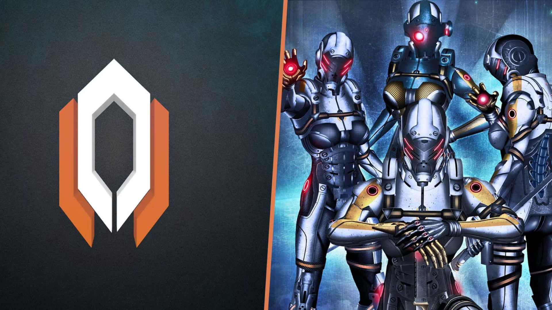 Mass Effect Cerberus 桌布 壁紙 — 三名身穿銀色盔甲、眼睛發出紅光的網路戰士，在深藍色背景前，站在一個幾何標誌旁邊，準備就緒。