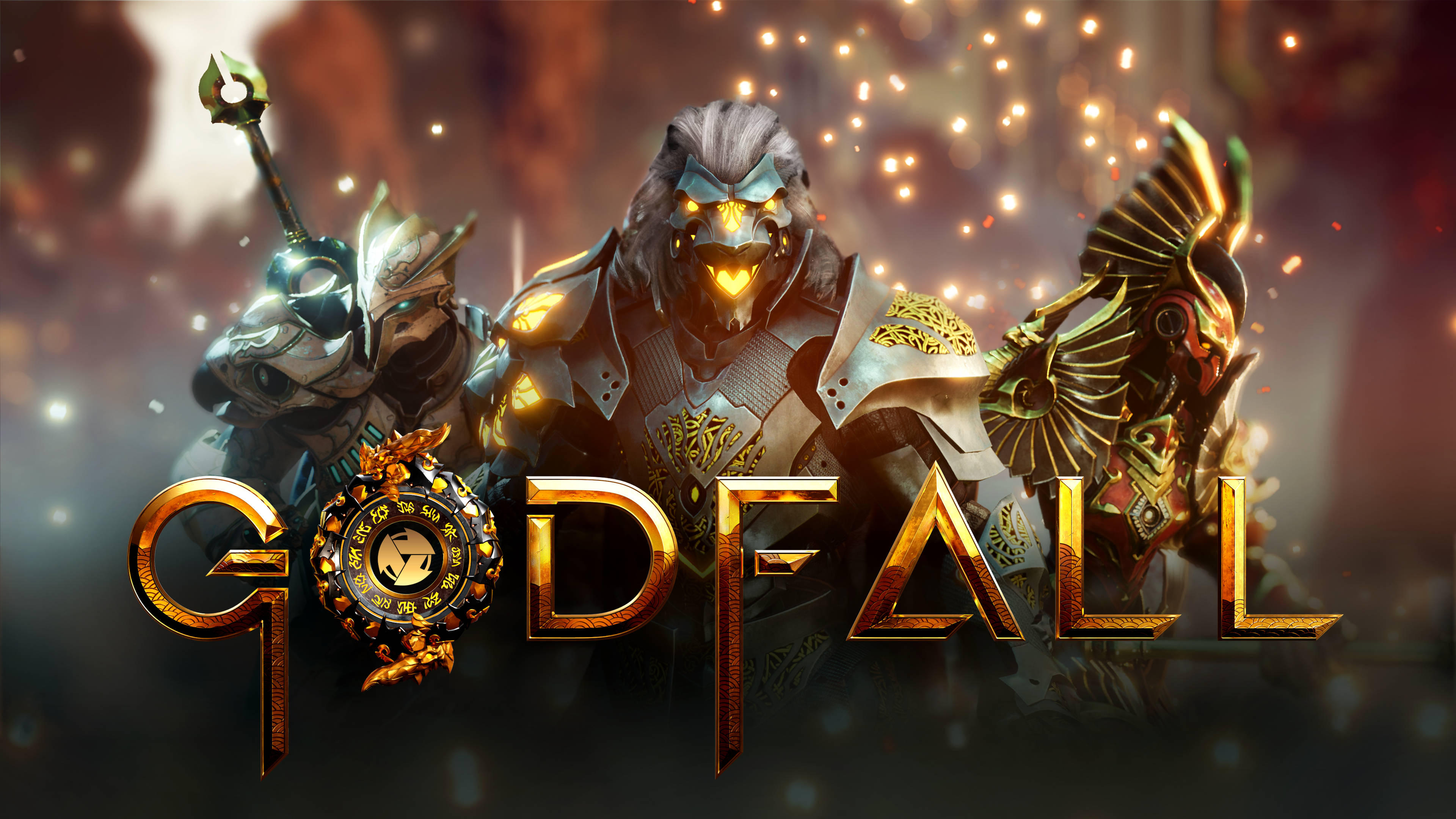 Godfall 桌布 壁紙 — 三名身穿鎧甲、眼睛發光、裝備華麗的戰士，站在金色 Godfall 標誌後面，背景是火焰。