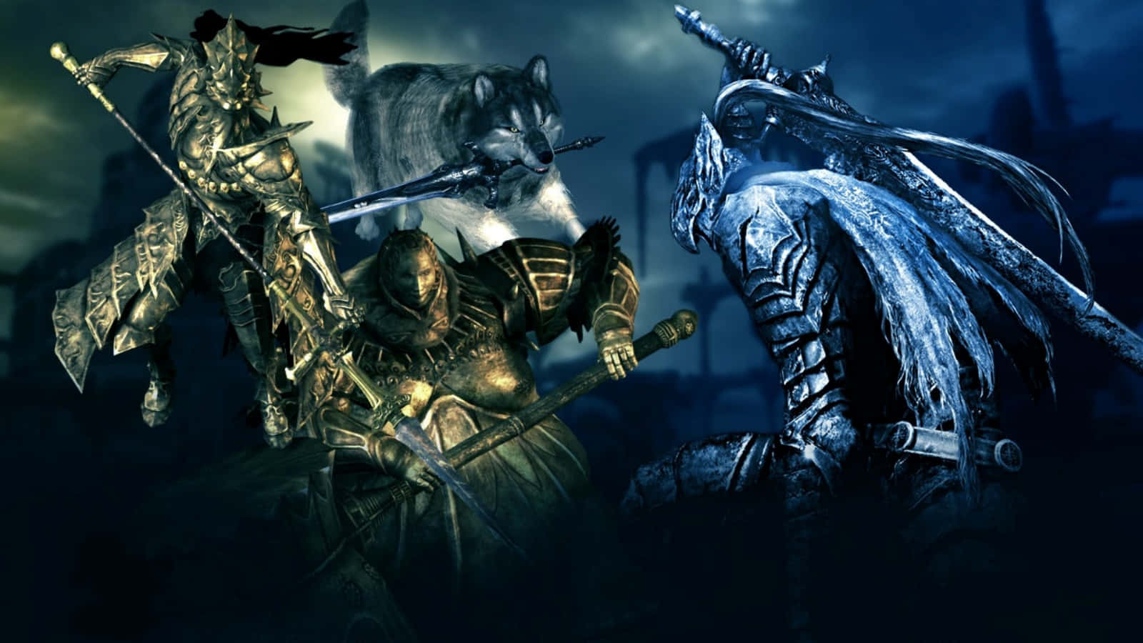Dark Souls Bosses 桌布 壁紙 — 三名身穿鎧甲的戰士和一隻狼在陰沉天空下的黑暗暴風雨戰場上激烈交鋒。