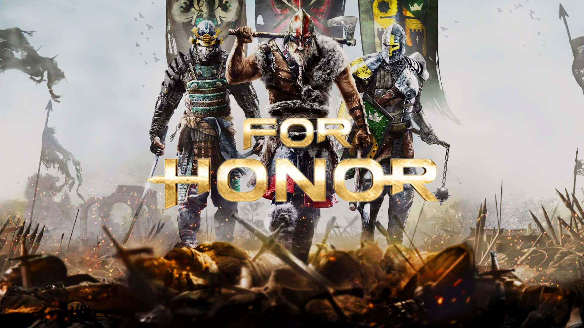 Female Samurai For Honor 桌布 壁紙 — 三名身穿鎧甲的戰士在風暴天空下，站在滿是陣亡士兵和折斷長矛的戰場上，表現出挑釁姿態。