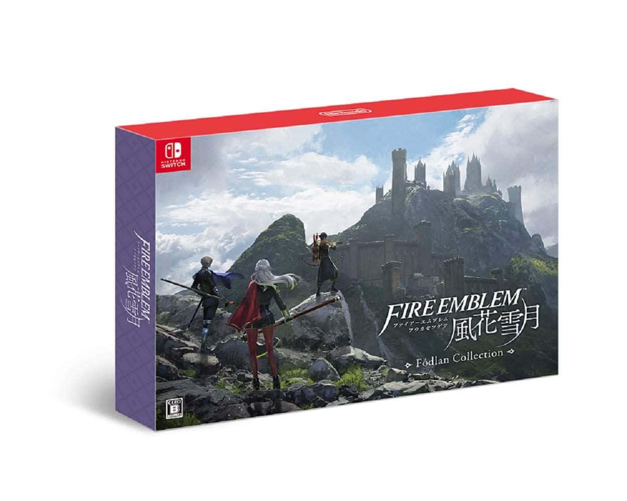 三名動漫風格的戰士手持劍，站在懸崖上面對城堡。 — Fire Emblem Warriors 壁紙