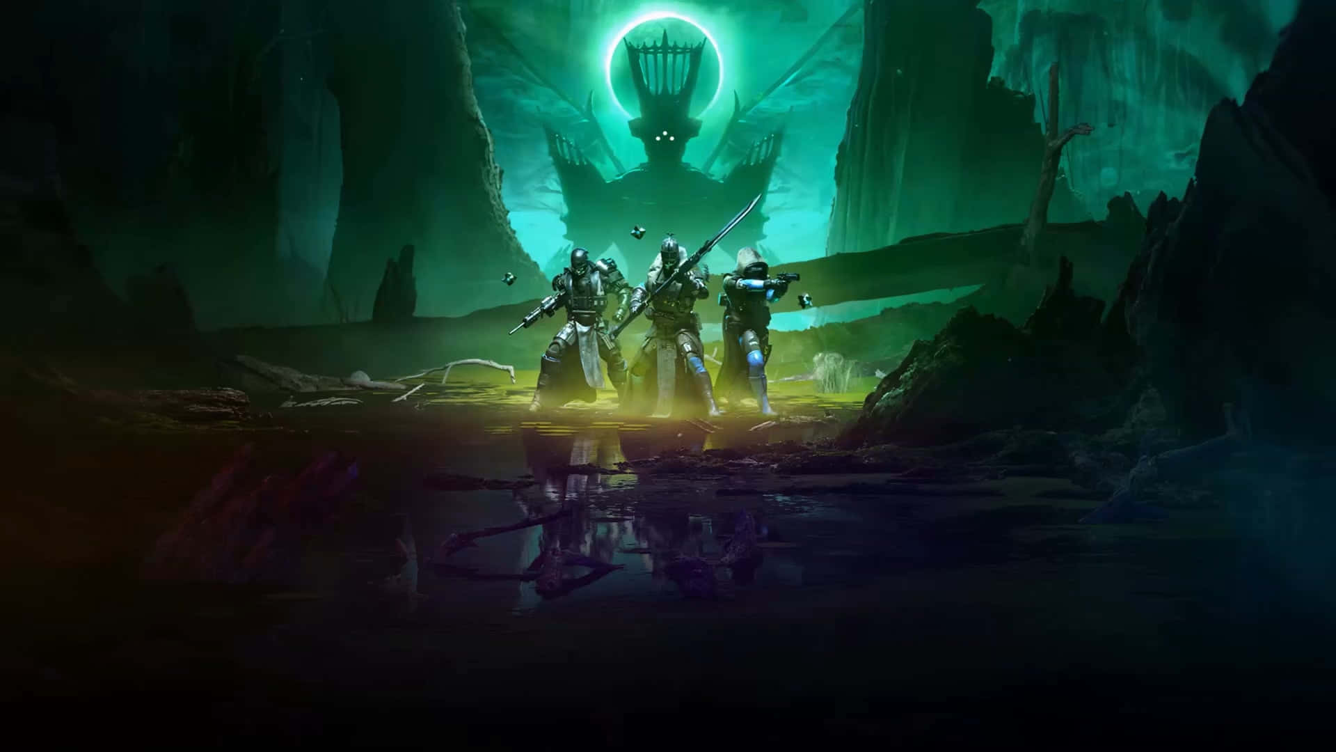 Destiny 2 桌布 壁紙 — 三名身穿鎧甲的戰士站在發光的綠色洞穴中，面對著環狀月亮下一個高聳的幽靈實體。