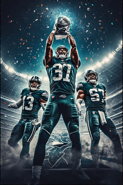 NFL Philadelphia Eagles Celebration 壁紙 — 三名身穿青綠色球衣的費城老鷹隊美式足球員在體育館燈光下，周圍飄落著五彩紙屑，勝利地慶祝。