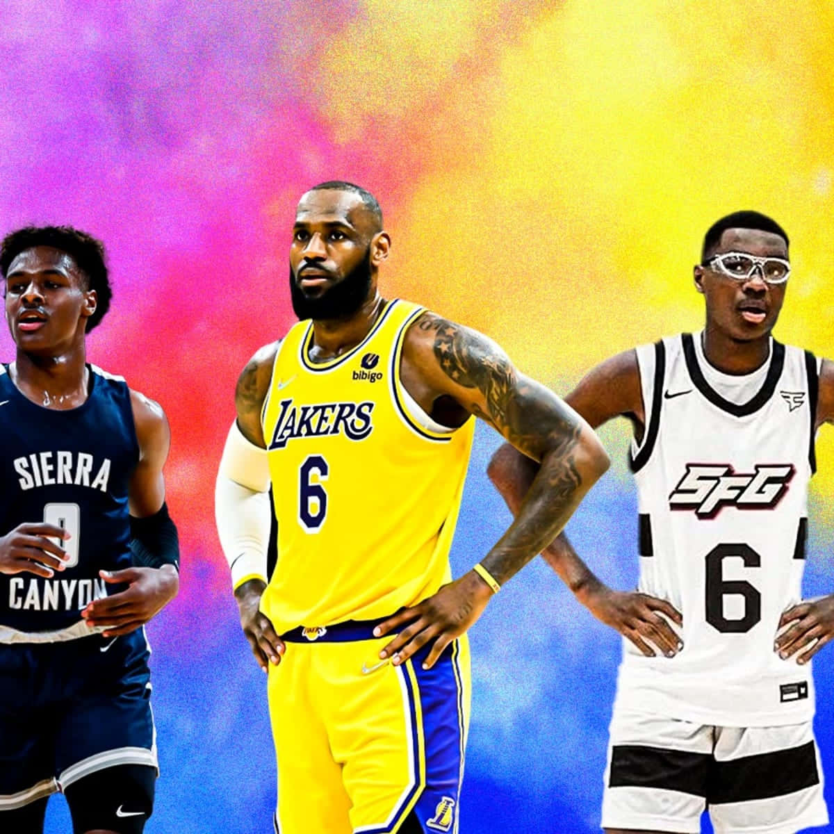 Bronny James 桌布 壁紙 — 三名身穿鮮豔球衣的籃球運動員自信地站在迷幻彩虹漸變背景前。