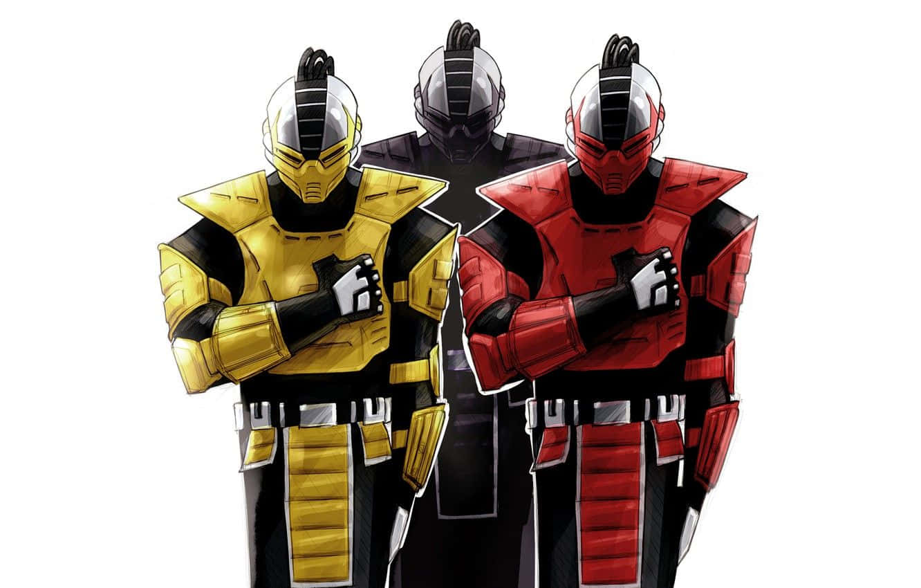 Mortal Kombat Cyrax 桌布 壁紙 — 三名身穿黃色、紅色和黑色套裝的裝甲戰士，自信地站在純白色背景前。