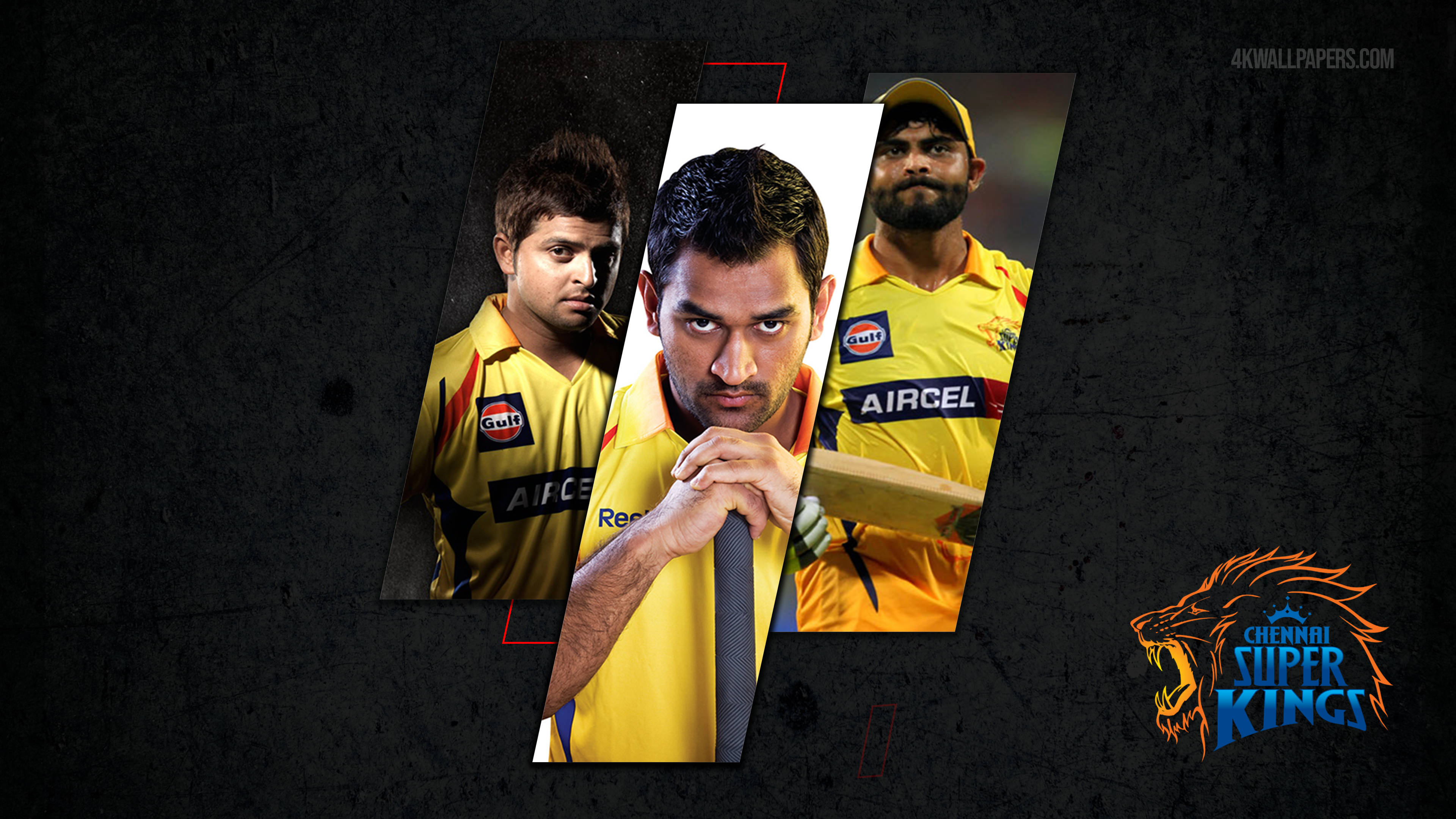 三名身穿黃色球衣的 Chennai Super Kings 板球運動員擺出強烈姿勢。 — 印度板球 壁紙