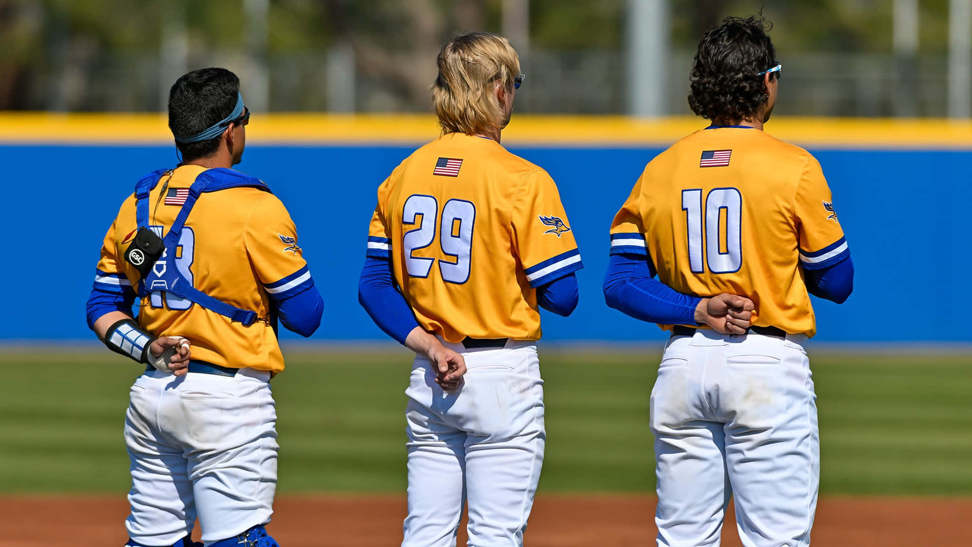College Baseball 桌布 壁紙 — 三名身穿黃色球衣的壘球運動員在陽光明媚的場地上背對背站立，雙手交握在背後。