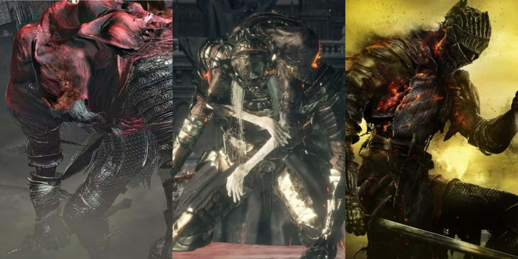 Dark Souls Bosses 桌布 壁紙 — 三名身穿黑暗奇幻盔甲、帶有鮮血與火焰效果的怪誕裝甲戰士。
