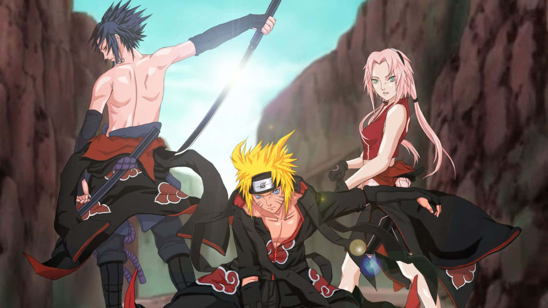 Naruto Anime 桌布 壁紙 — 三名身穿黑色曉組織斗篷的動漫忍者戰士，在岩石峽谷背景下準備戰鬥。