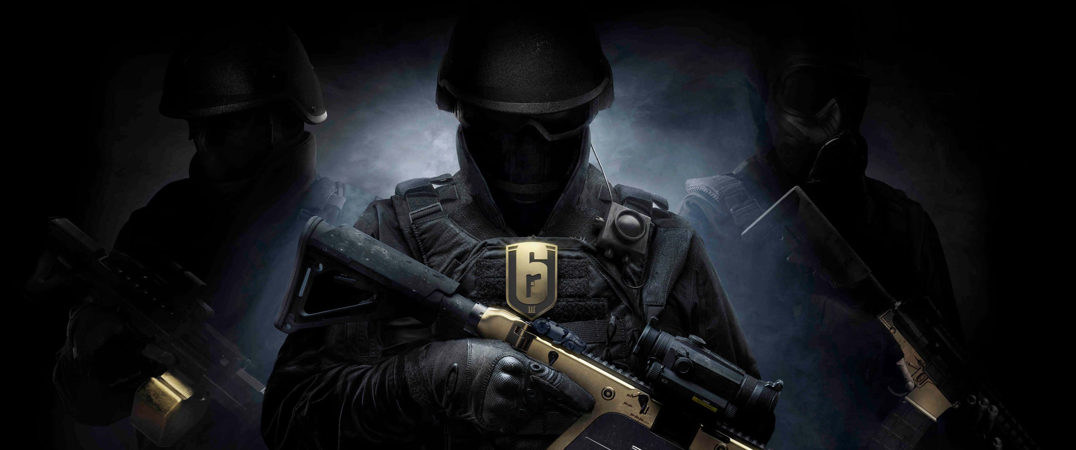 3440x1440p Rainbow Six Siege 桌布 壁紙 — 三名身穿黑色裝備的陰影戰術士兵在戲劇性的煙霧照明下手持步槍。