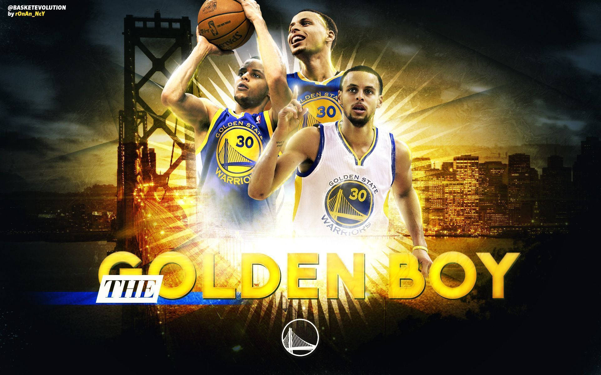 Curry 桌布 壁紙 — 三名金州勇士籃球運動員以動作姿勢，襯托著發光的城市天際線、橋樑和戲劇性的金色光芒。