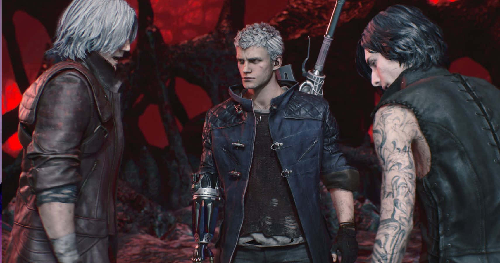 Devil May Cry Characters 桌布 壁紙 — 三名銀髮紋身的裝甲戰士站在熾熱的紅色惡魔風景中手持武器。