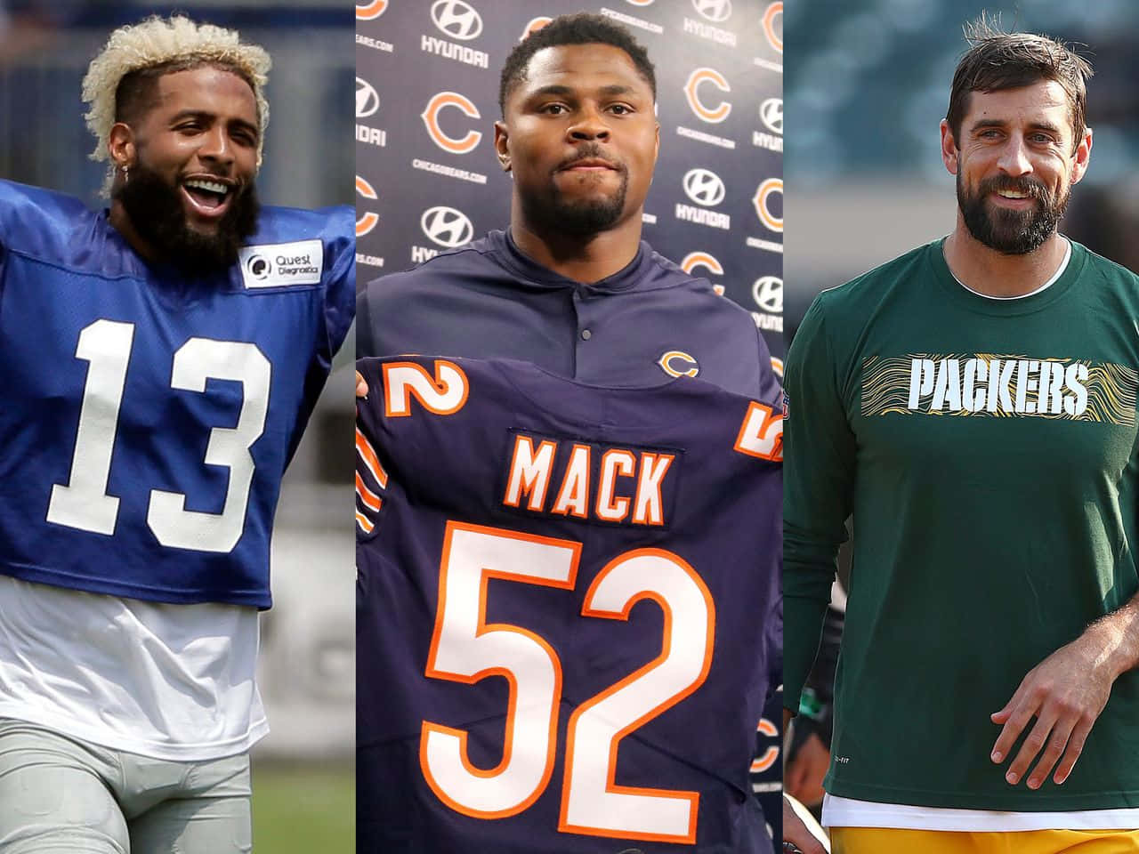 NFL 桌布 壁紙 — 三名面帶微笑的NFL球員穿著隊服，在有品牌背景的新聞活動中拍照。