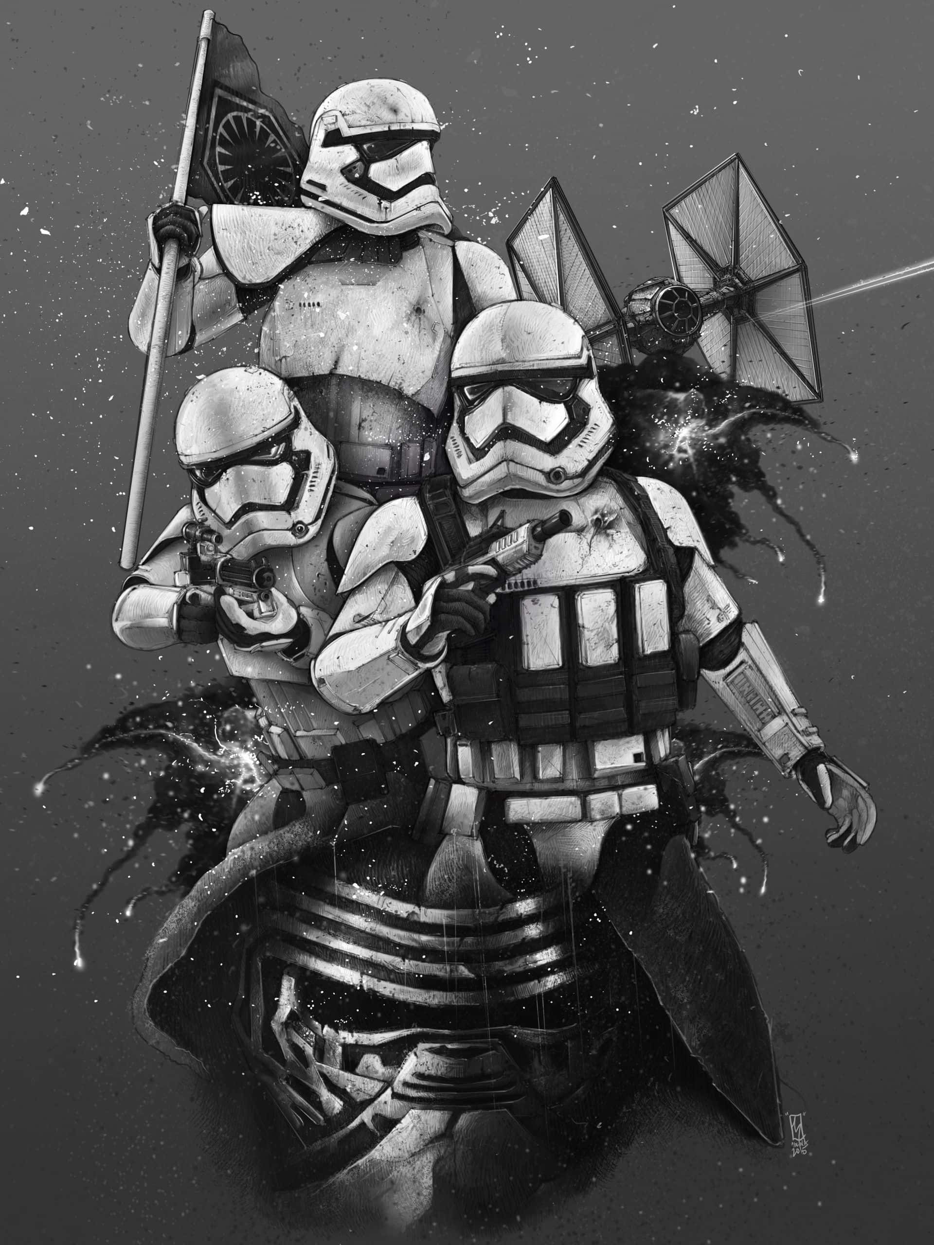 First Order 桌布 壁紙 — 三名風暴兵在太空中挑釁地站立，身後有TIE戰鬥機和旗幟，呈現粗糙的黑白插圖風格。