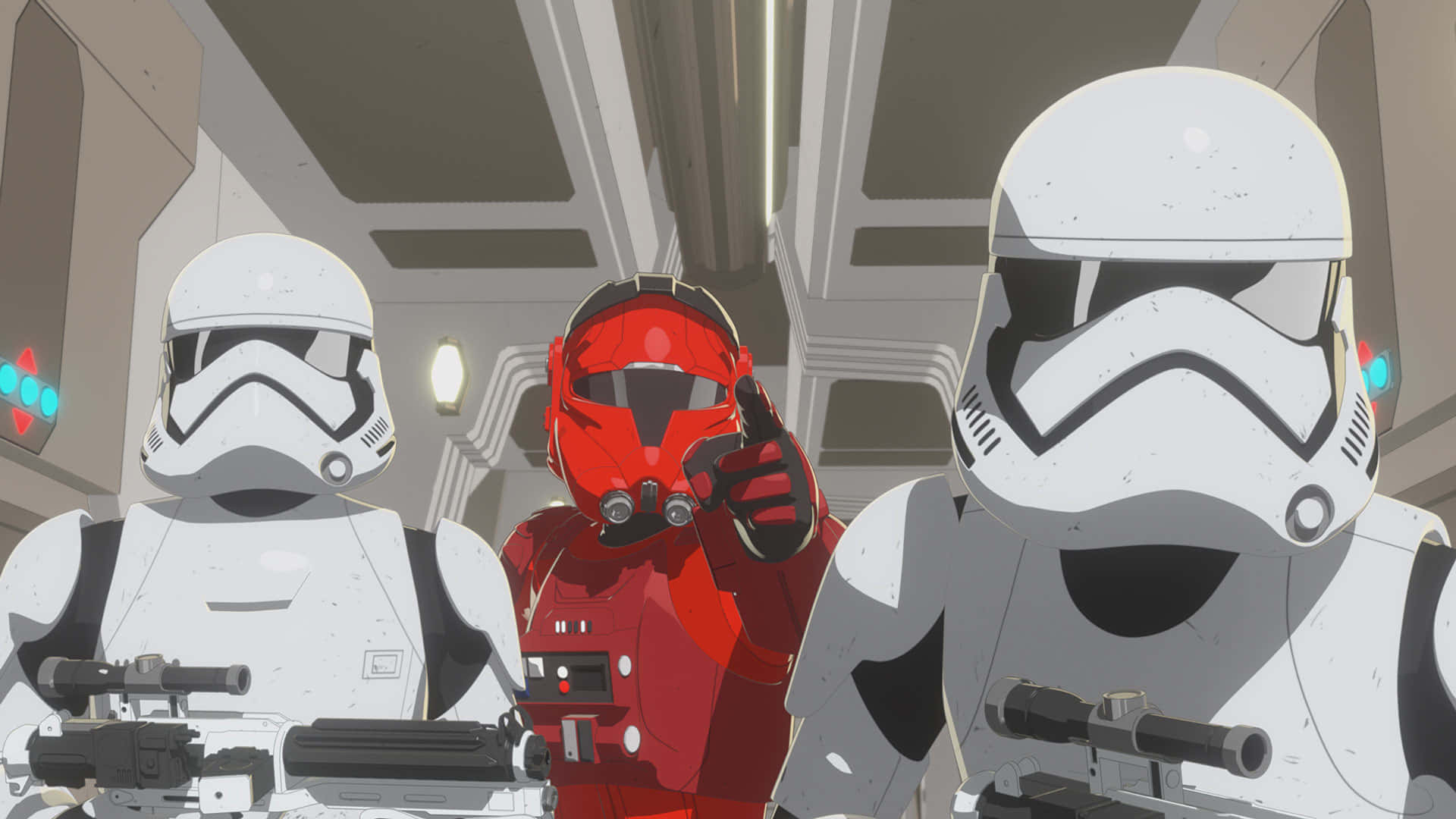 First Order 桌布 壁紙 — 三名風暴兵站在太空船走廊，其中一個穿紅色盔甲比出大拇指。