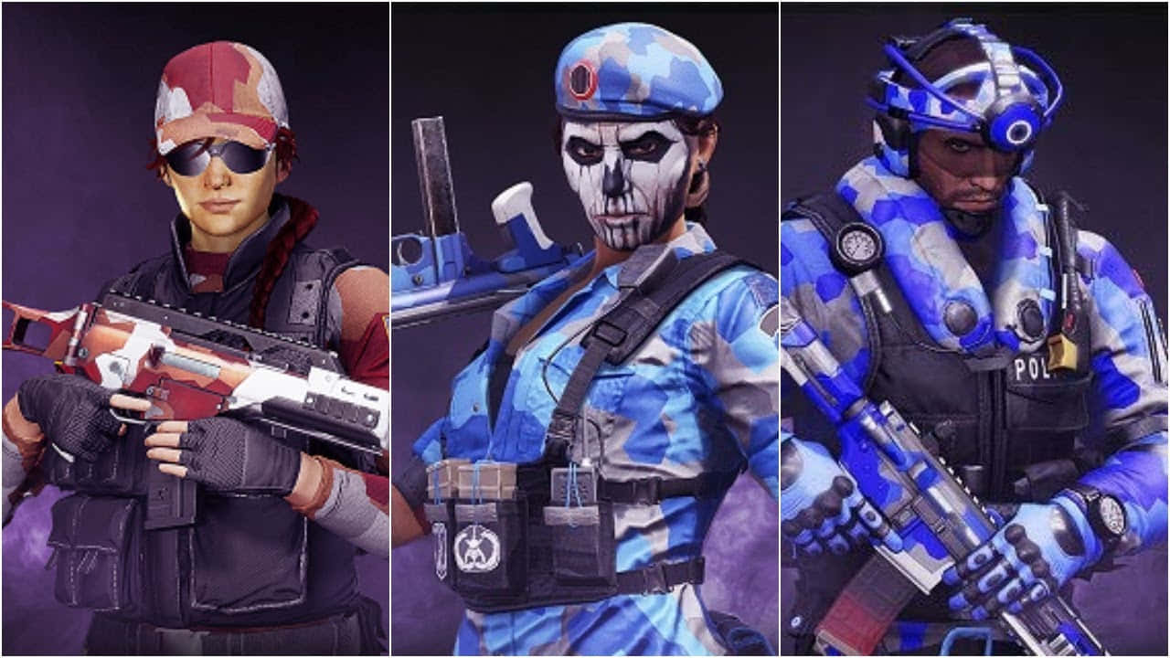 Rainbow Six Siege Twitch 桌布 壁紙 — 三名風格化的士兵身穿藍色和紅色迷彩裝備，各自手持未來武器，背景為深紫色。