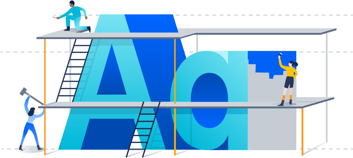 Typography 桌布 壁紙 — 三名風格化的工人在鷹架上用工具和梯子建造一個巨大的藍色 'Ac' 字母結構。