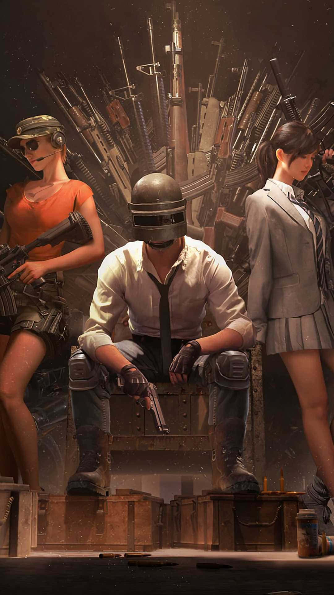 Best Gaming 桌布 壁紙 — 三名風格化的遊戲玩家身穿戰鬥裝備，坐在步槍王座前，呈現粗糙的數位藝術場景。