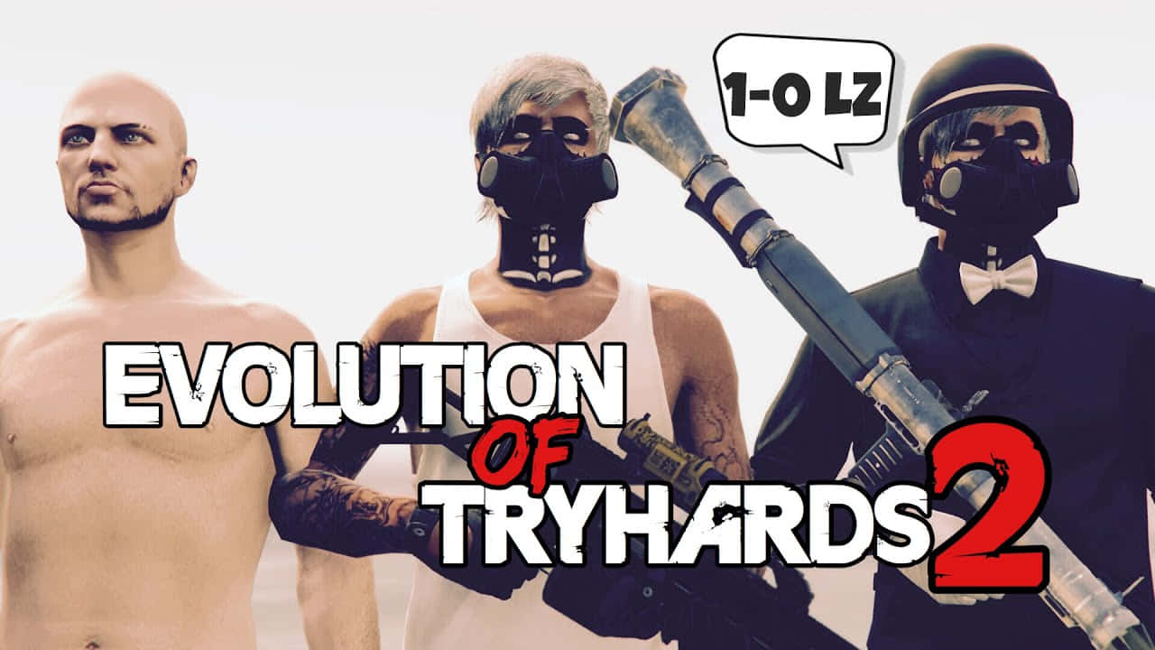 Gta Tryhard 桌布 壁紙 — 三名風格化的遊戲玩家身穿戰鬥裝備，手持武器，並帶有寫著「1-0 LZ」的對話框，背景為純色。