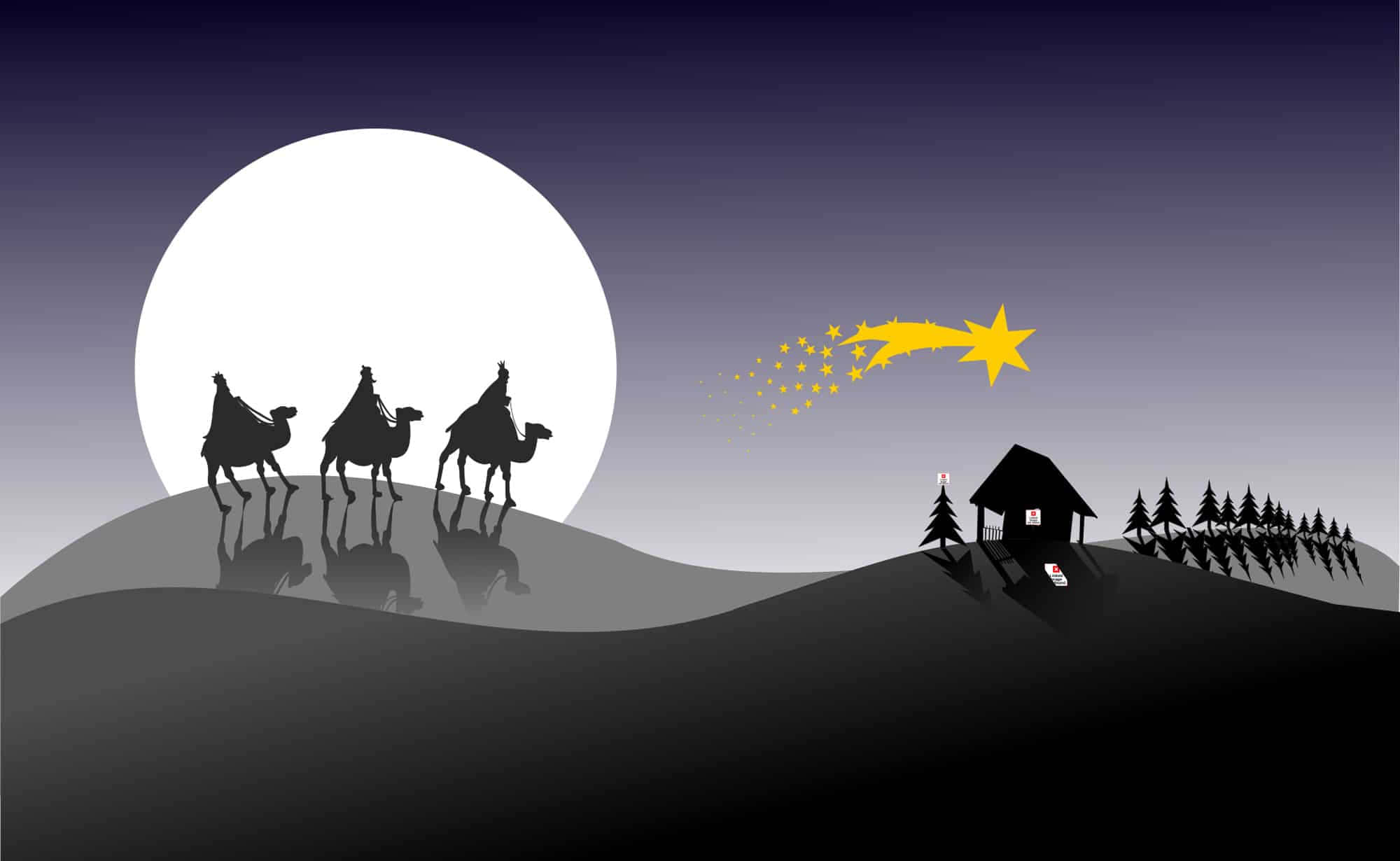 Religious Christmas 桌布 壁紙 — 三名駱駝騎手穿越月光照耀的沙漠，朝遠處馬廄上方一顆閃爍的星星前進。