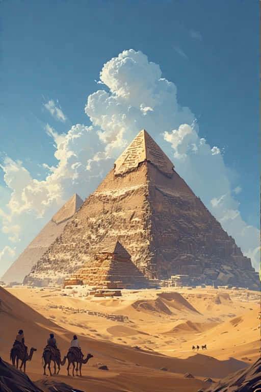 Pyramids of Giza Timeless Desert 4K 壁紙 — 三名駱駝騎手穿越金色沙漠沙丘，在廣闊的藍天點綴著蓬鬆白雲下，接近古老石金字塔。
