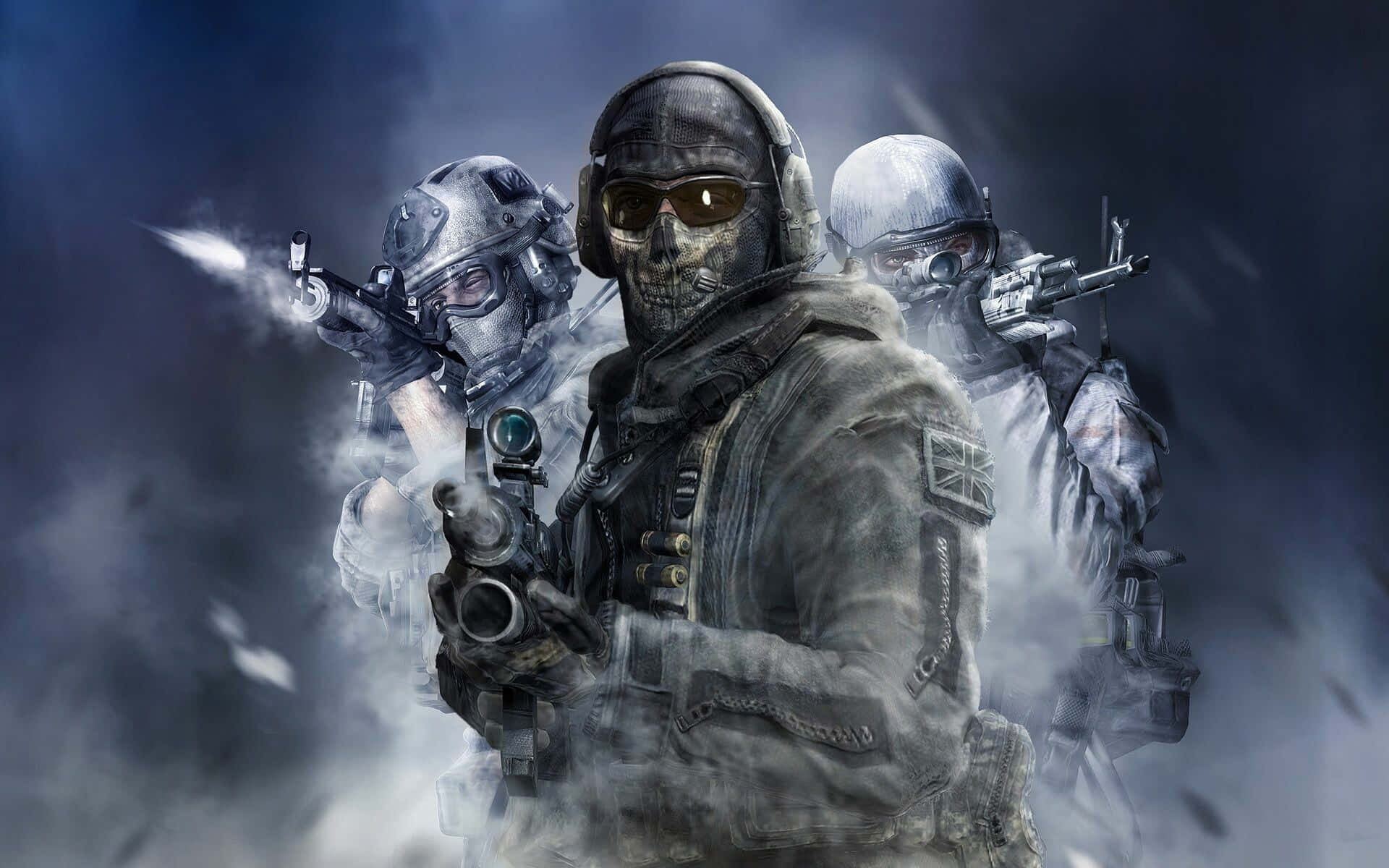 games 桌布 壁紙 — 三名骷髏臉士兵身穿戰術裝備，在黑暗風暴背景下穿過煙霧射擊武器。