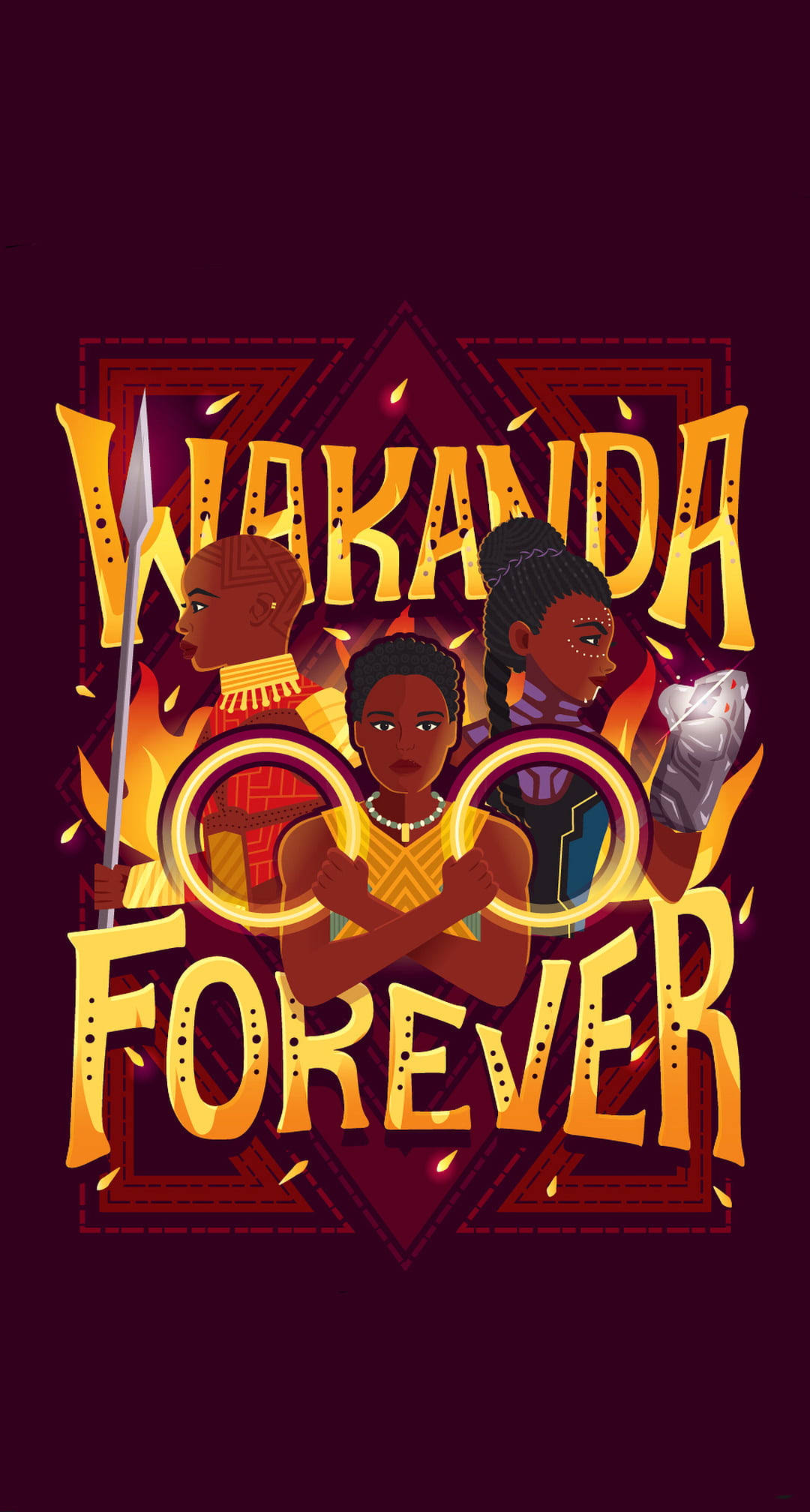 Wakanda 桌布 壁紙 — 三名黑色瓦干達戰士大膽地站在火熱金色 'WAKANDA FOREVER' 文字後面，背景為深栗色。
