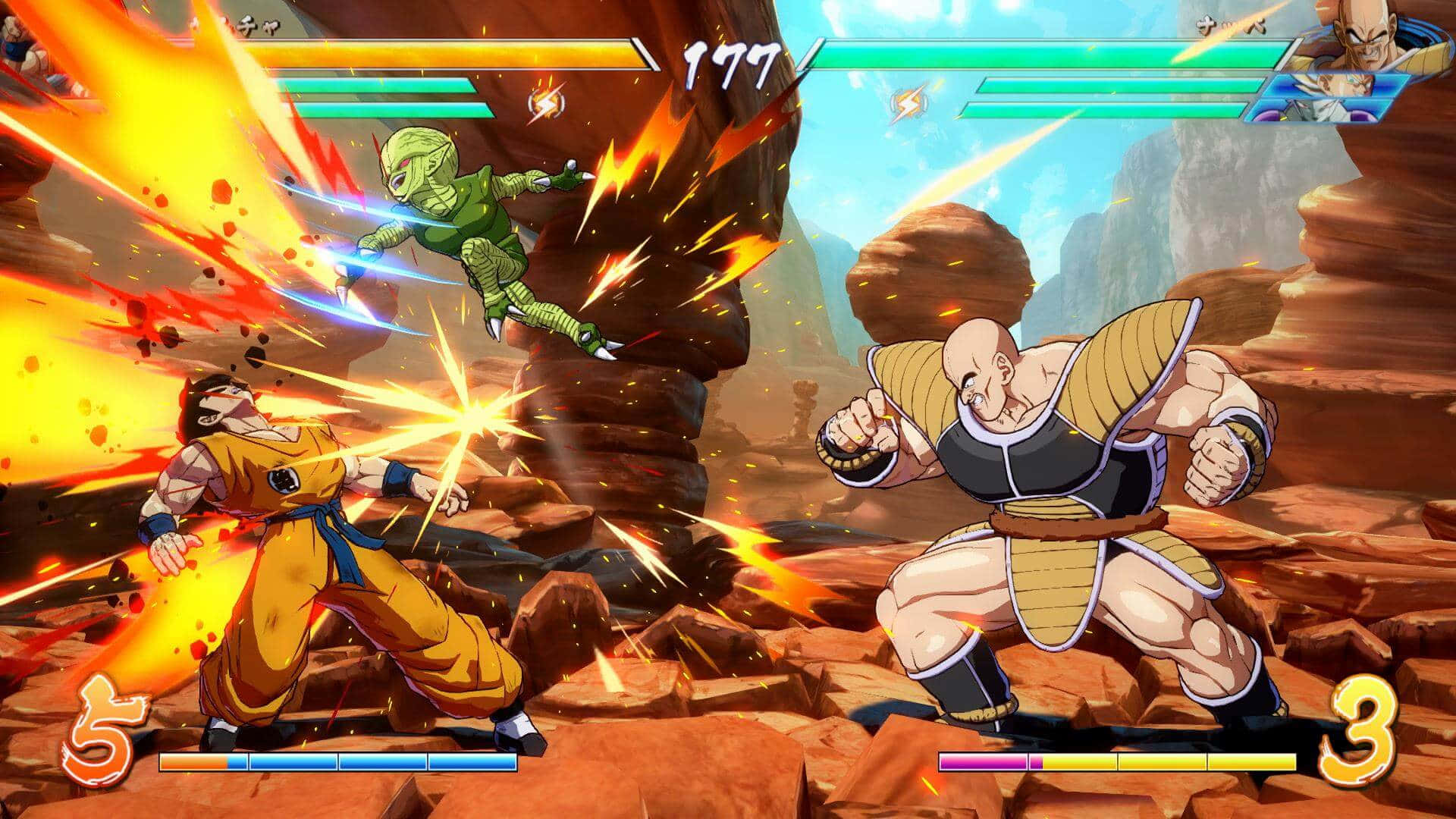 Dbz Video Games 桌布 壁紙 — 三名龍珠戰士在熾熱的岩石競技場中碰撞，能量爆炸和生命值條清晰可見。