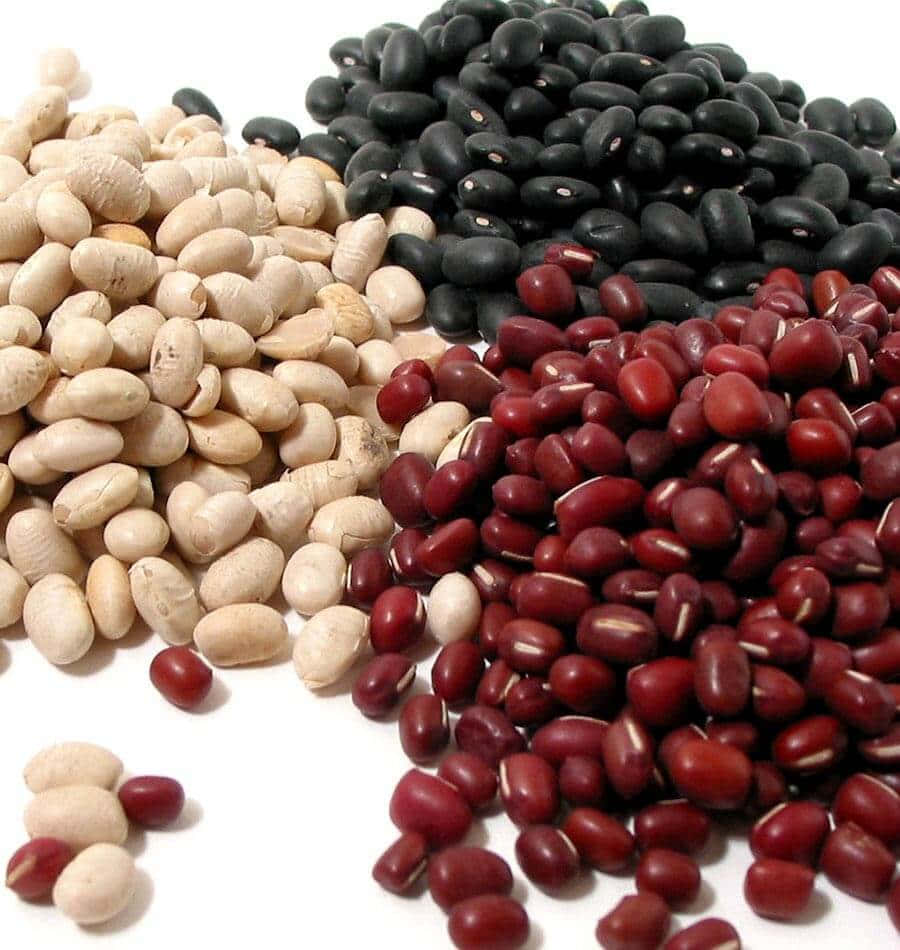 beans 桌布 壁紙 — 三堆不同的豆子——白色、黑色和紅色——放在乾淨的白色表面上，展示它們多樣的質地和自然色彩。