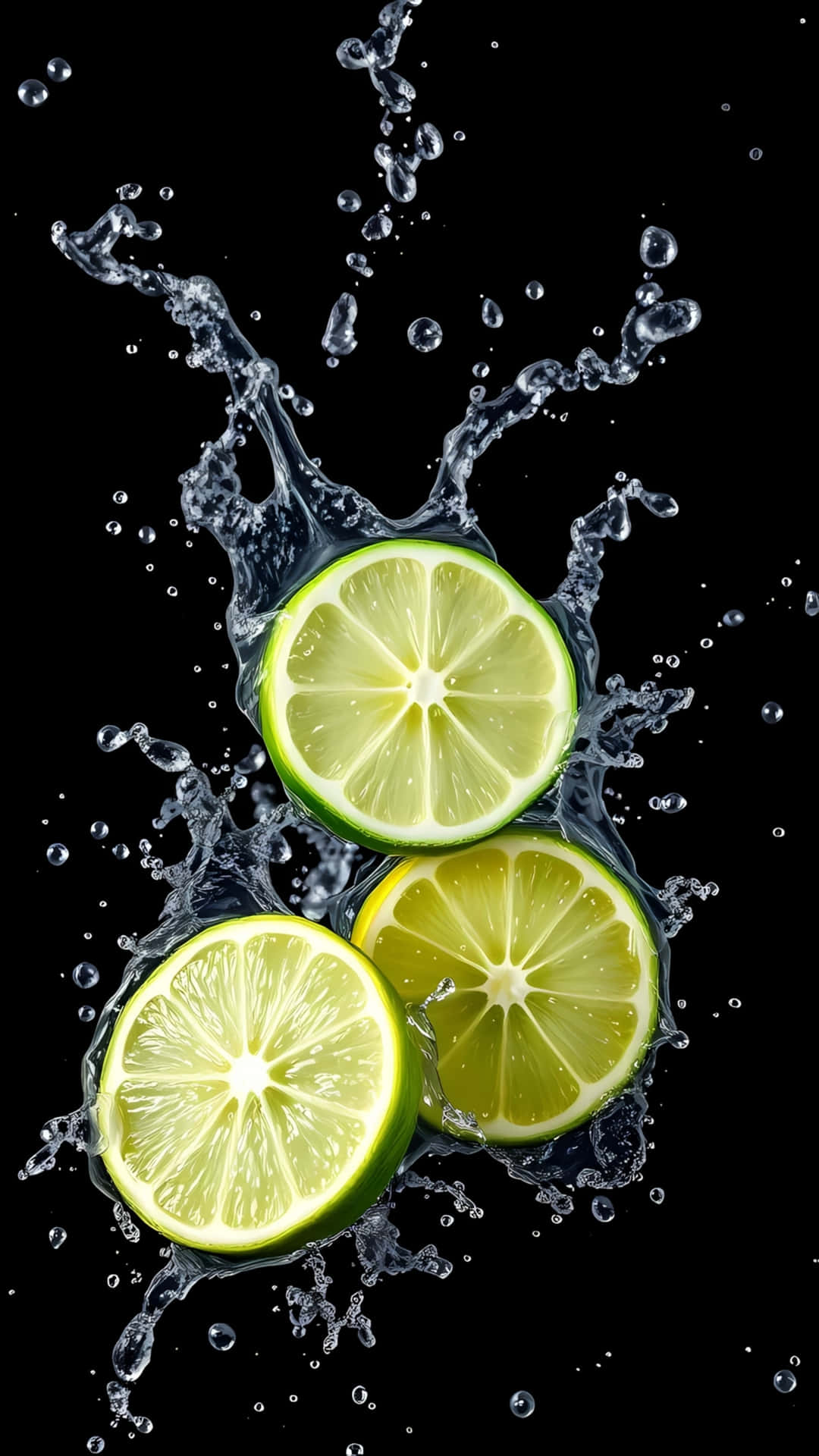 Fresh Lime Splash in Water on Black Background 壁紙 — 三塊充滿活力的萊姆半塊在純黑背景下衝破清澈水花的動態飛濺。