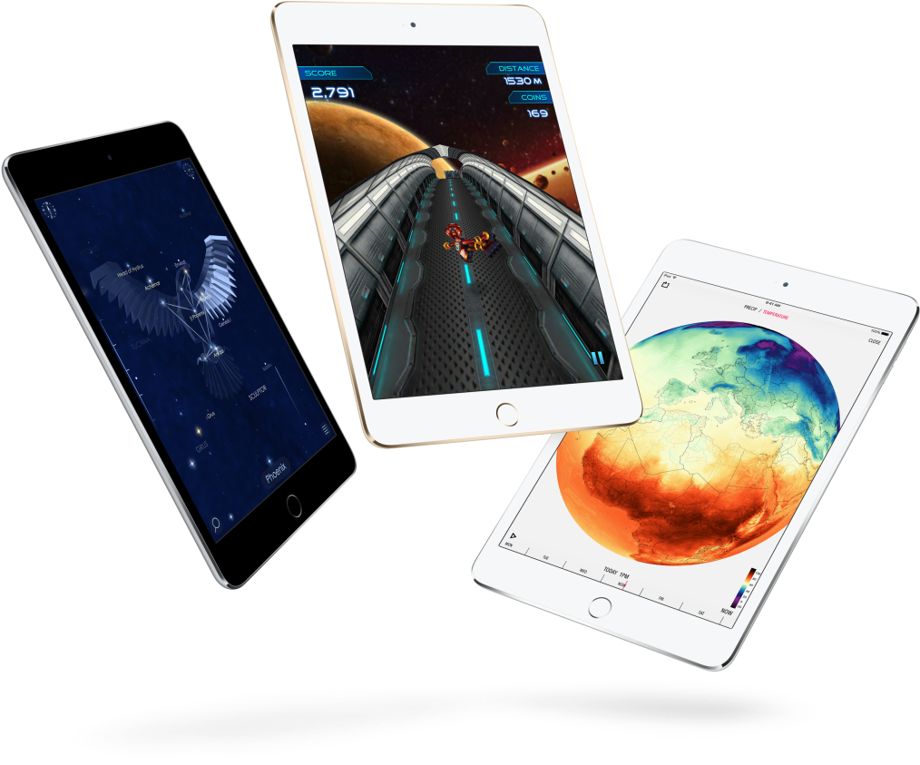 iPad Pro 桌布 壁紙 — 三塊平板電腦漂浮在黑色背景上，顯示太空應用程式：星座圖、火箭遊戲和火星地形。