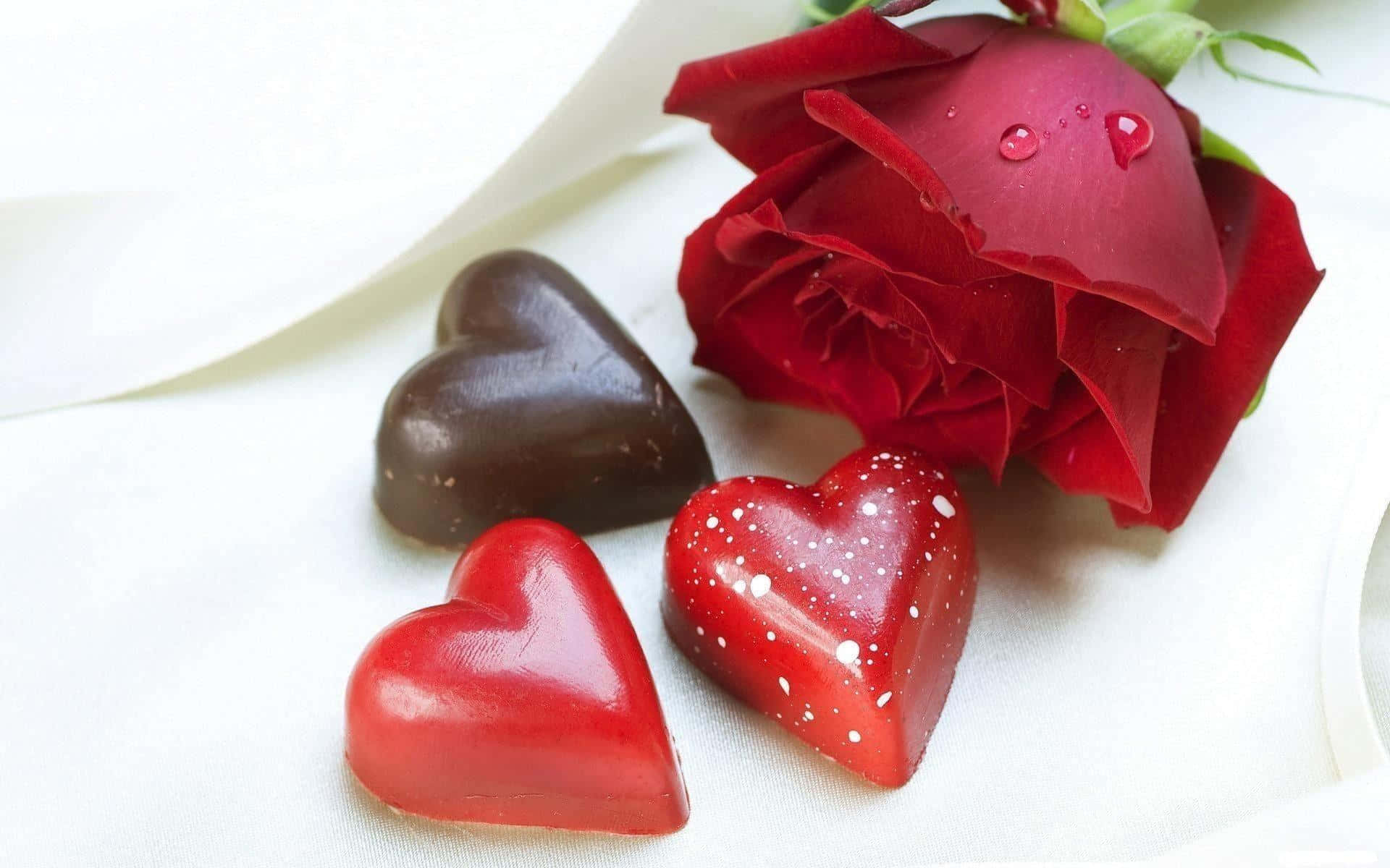 Chocolate 桌布 壁紙 — 三塊紅色和深棕色的光澤心形巧克力放在白色布料上，旁邊有一朵沾滿露水的紅玫瑰。